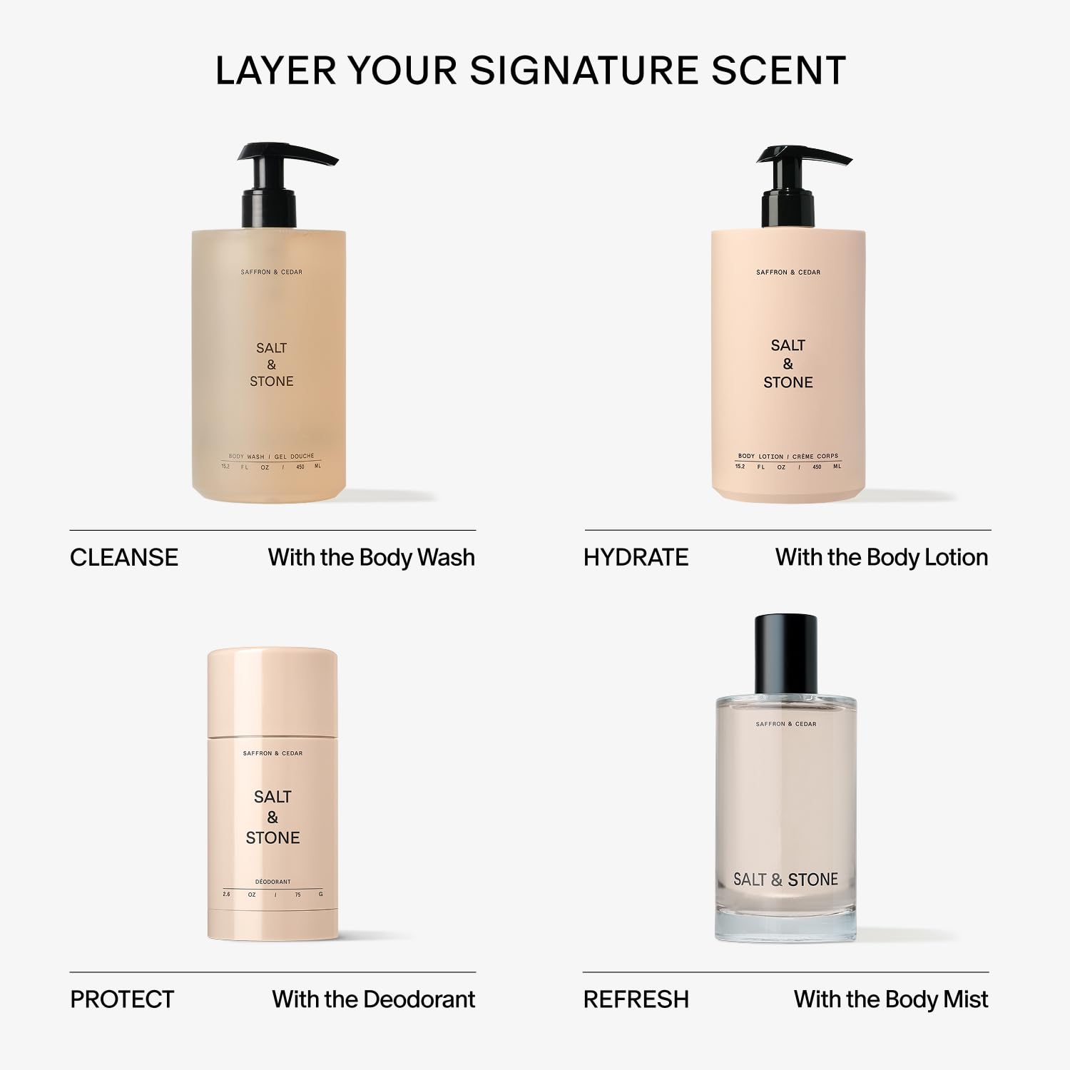 Salt & Stone Body Spray, featuring saffron and cedar fragrances, is a skincare-infused perfume hair and body spray suitable for both men and women. The moisturizing fragrance contains glycerin and red algae, is vegetarian, and is non-irritating.