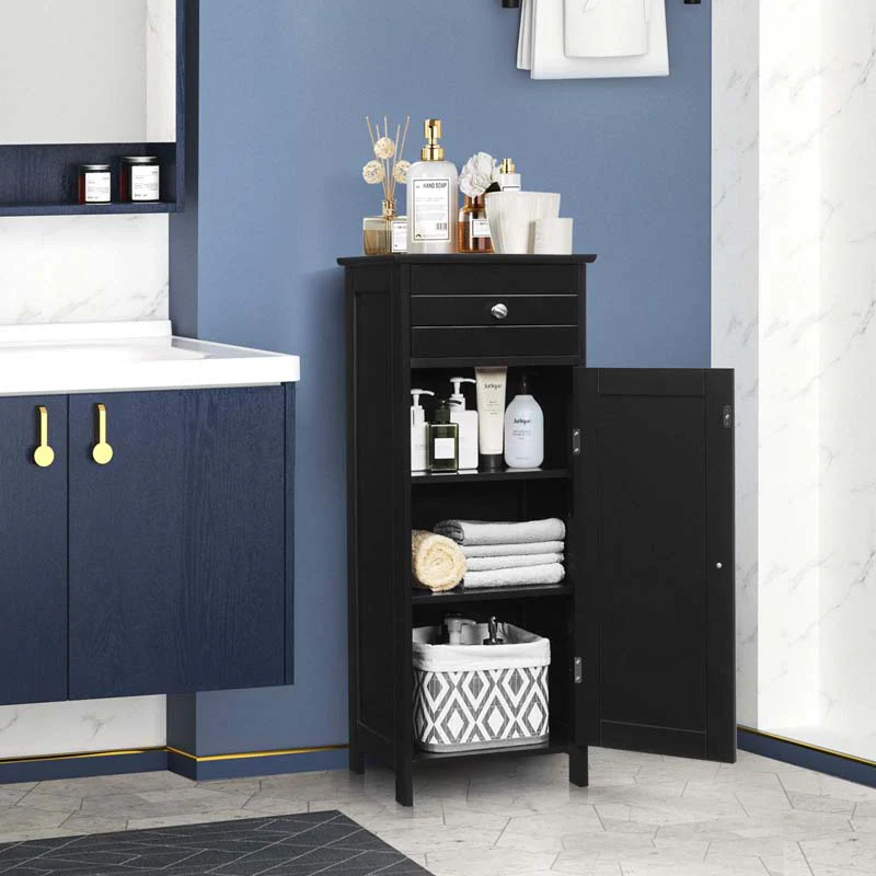 Free-Standing Wooden Floor Storage Cabinet w/Large Drawer & 2 Adjustable Shelves, Morden Side Storage Bathroom Organizer Cabinet
