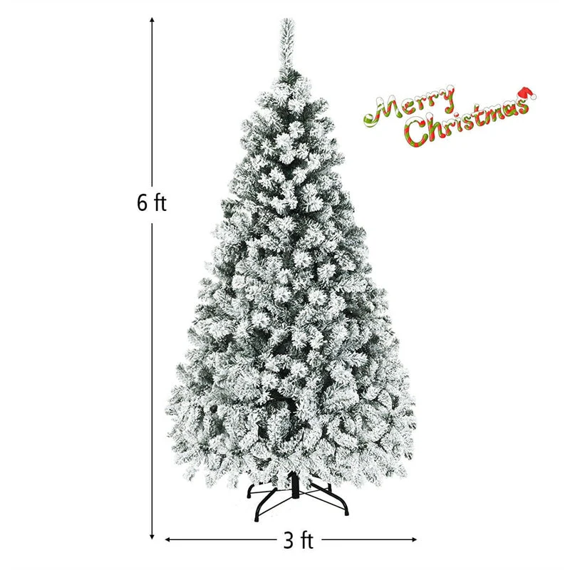 Premium Pre-Lit Snow Flocked Artificial Christmas Tree with Hinged Branch Tips & LED Lights