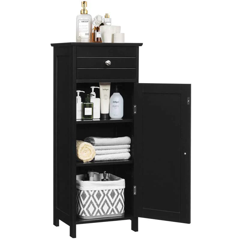 Free-Standing Wooden Floor Storage Cabinet w/Large Drawer & 2 Adjustable Shelves, Morden Side Storage Bathroom Organizer Cabinet