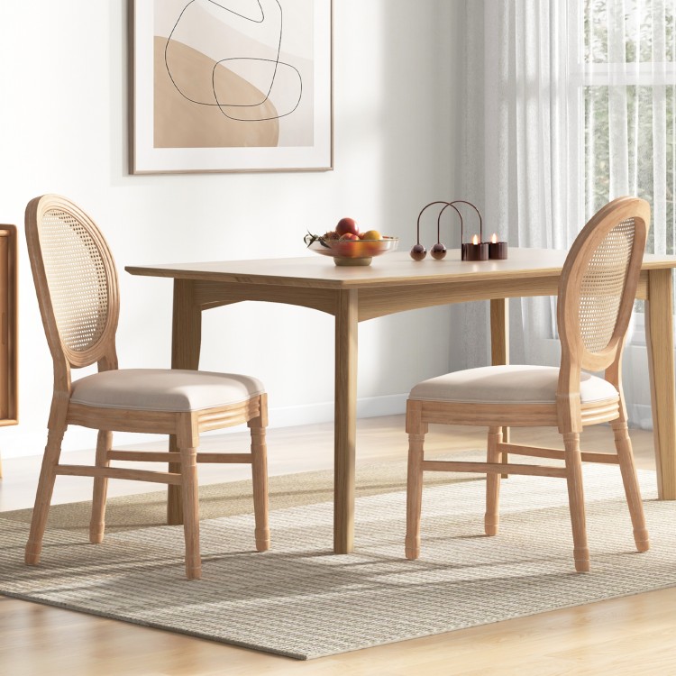 Set of 2 Dining Chairs French Style Kitchen Chair with Hand-Woven Rattan Backrest