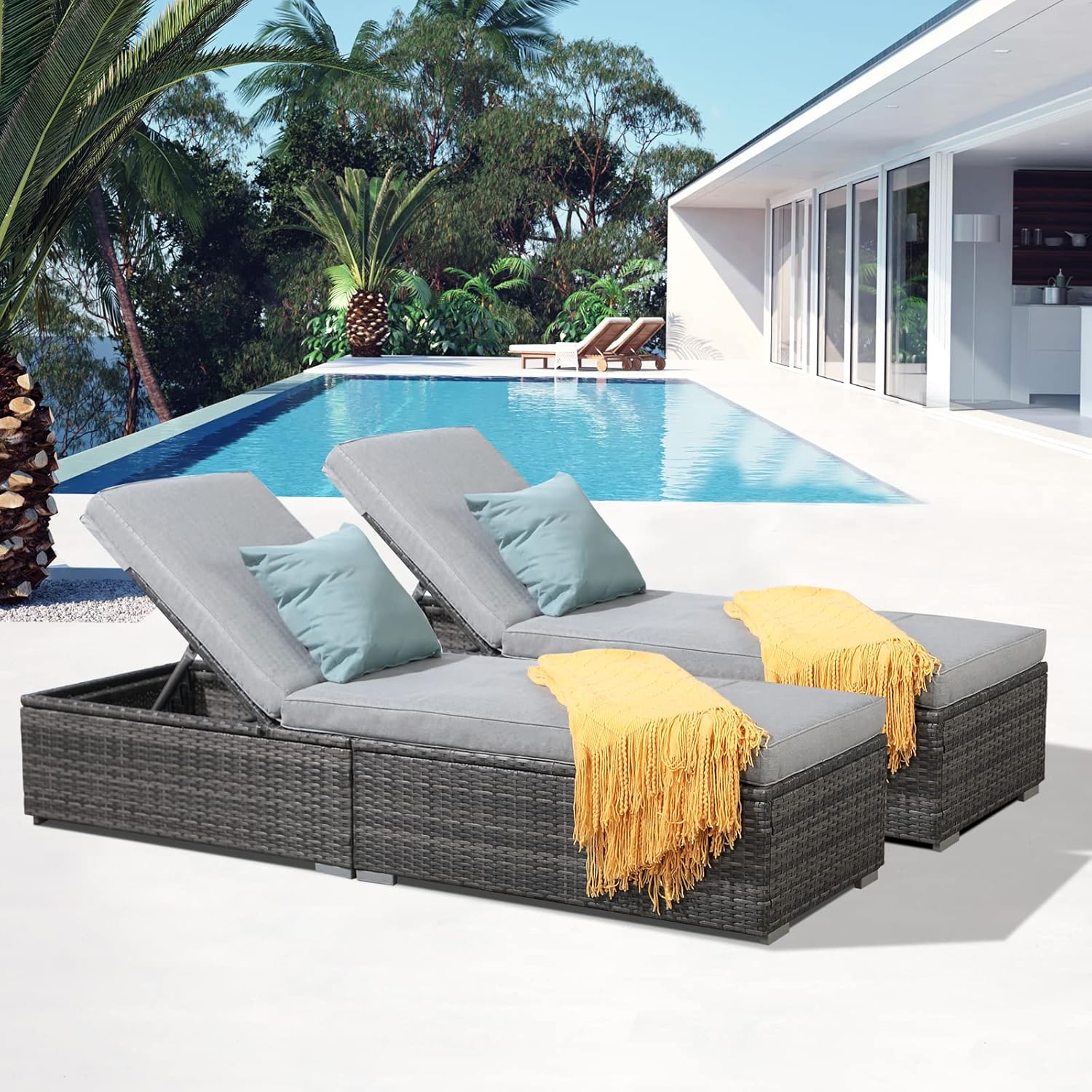 Patiorama Outdoor Patio Lounge Chair, Elegant Reclining Adjustable Pool Rattan Chaise Chair with Beige Cushion, Brown PE Wicker, Steel Frame, Set of 2