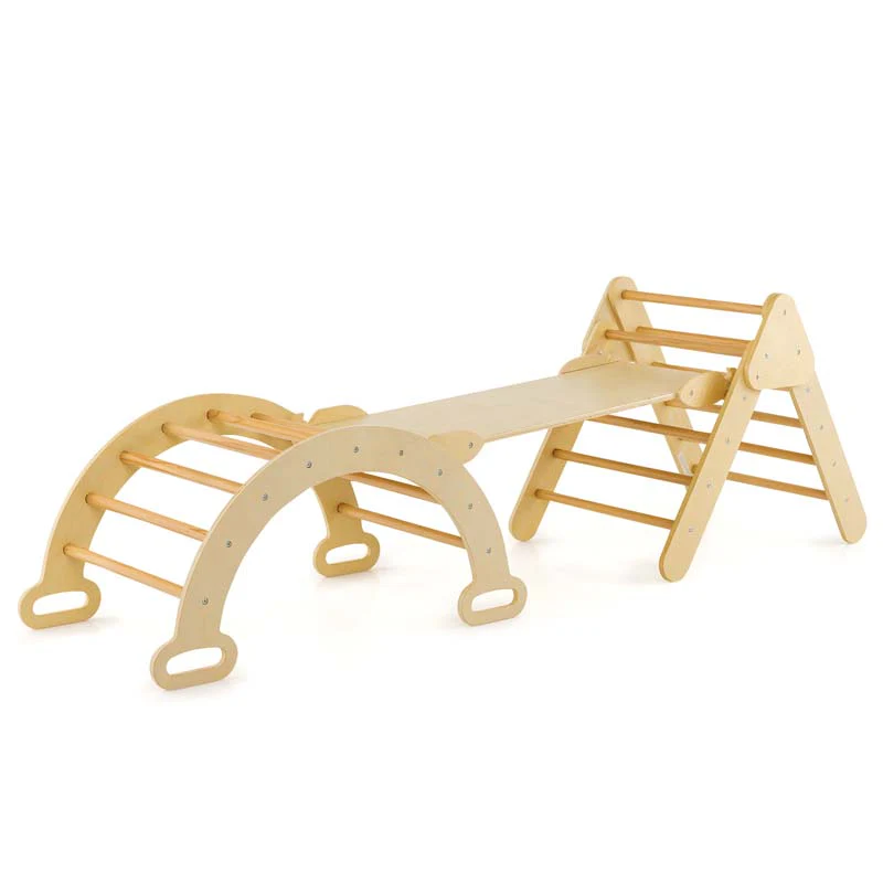5-in-1 Montessori Wooden Climbing Toys for Toddlers, Arch Climber Ladder with Sliding Ramp, Kids Triangle Climber Play Gym Set