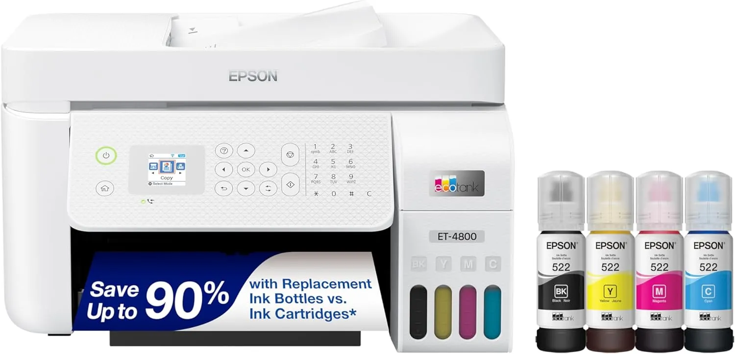 ET-4800 Wireless All-in-One Cartridge-Free Supertank Printer with Scanner, Copier, Fax, ADF and Ethernet �C Ideal-for Your Home Office, White
