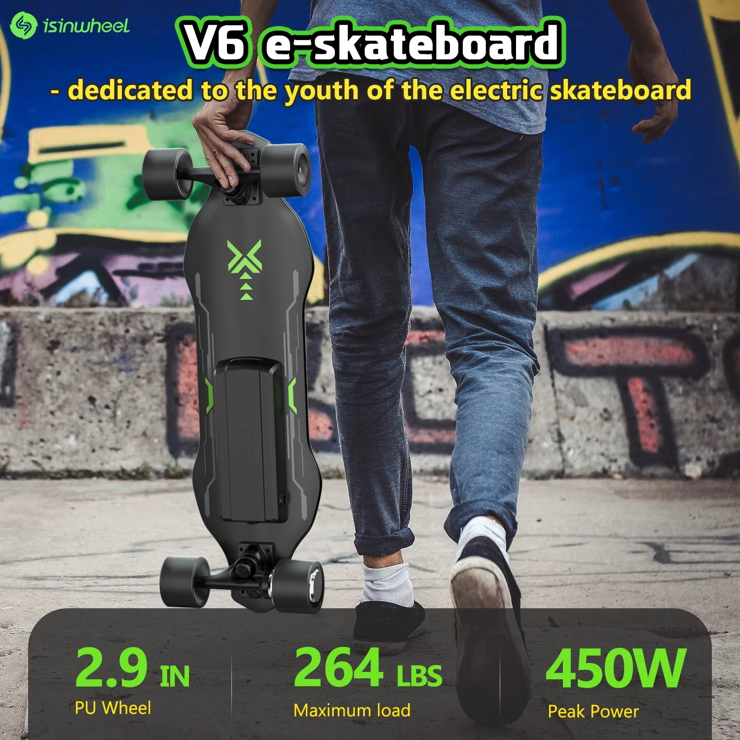 isinwheel V6 Electric Skateboard with Remote, 450W Brushless Motor, 12Mph Top Speed, Electric Longboard for Adults &Teens