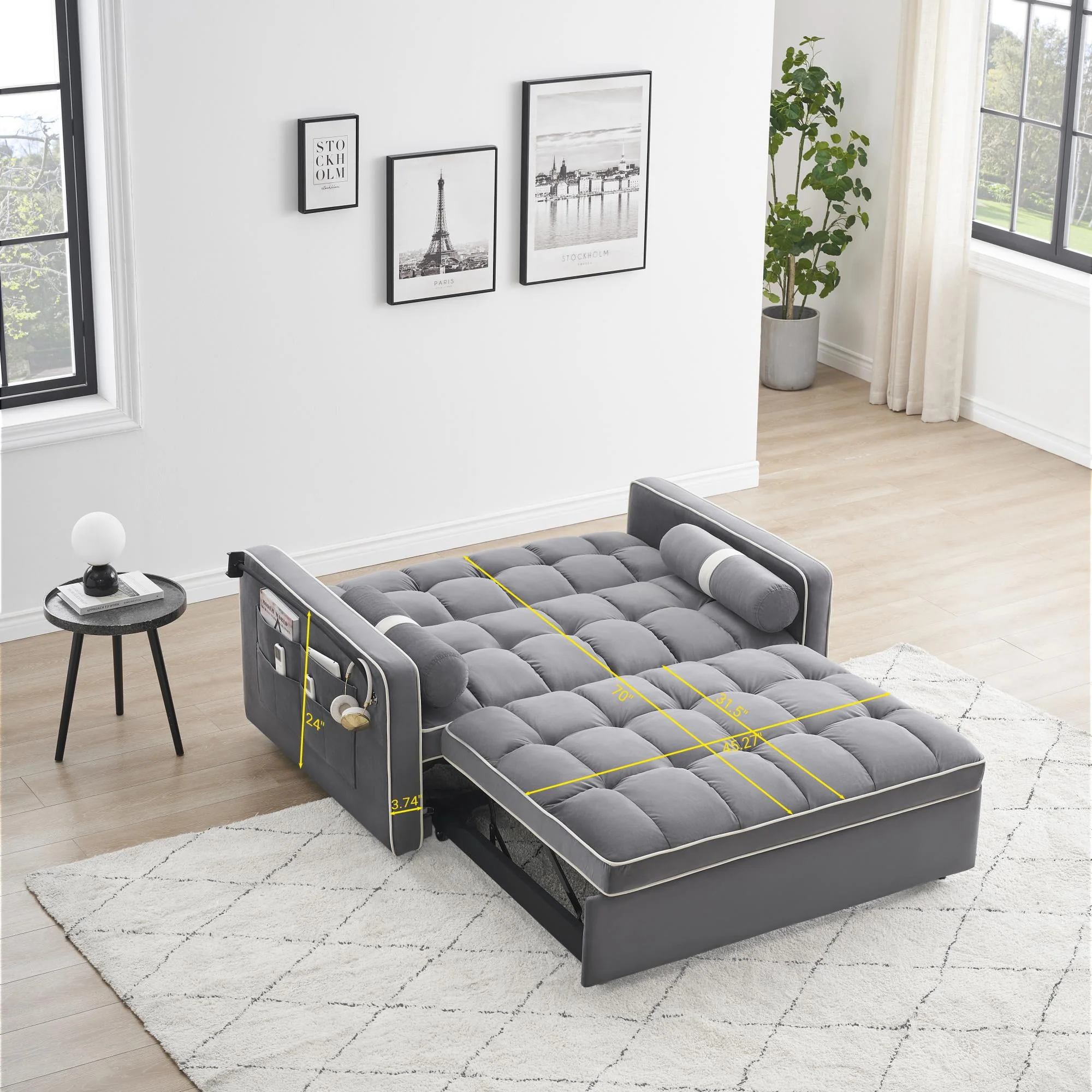 3 in 1 Sleeper Sofa Couch Bed,Small Tufted Velvet Convertible Loveseat Futon Sofa w/Pullout Bed,Adjustable Backrest,Cylinder Pillows,Multi-Pockets,Phone Holder for Living Room Apartment,Grey,55.5