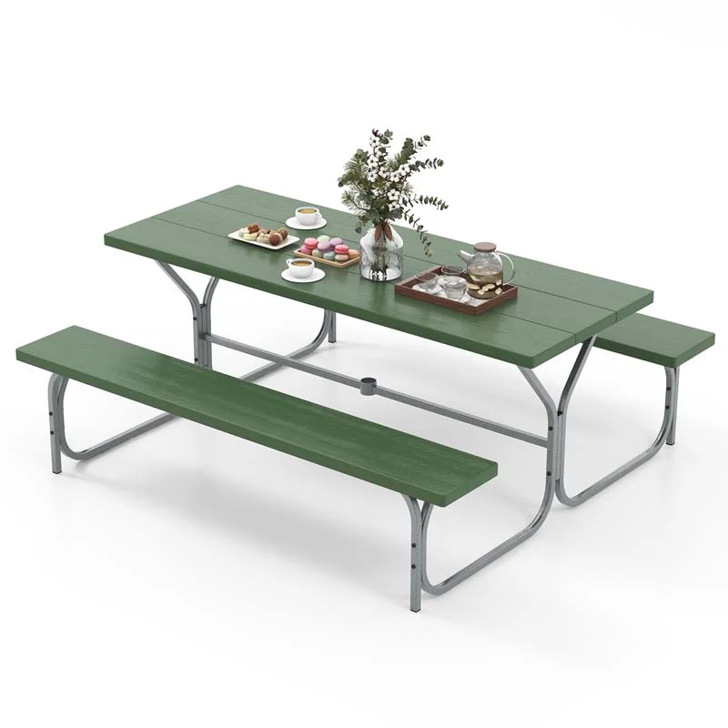6 FT 8-Person Outdoor Large Picnic Table Bench Set with Umbrella Hole, Metal Frame, All-Weather HDPE Tabletop