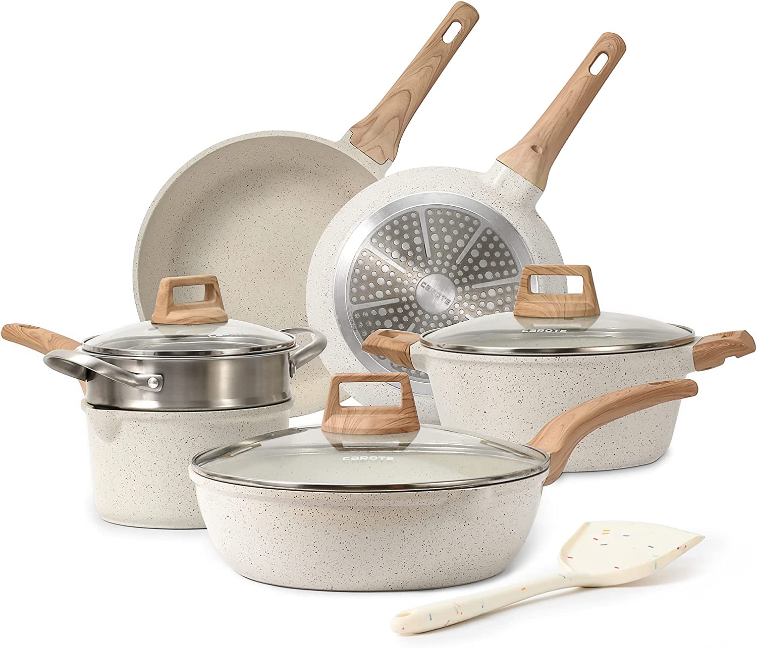 CAROTE C01520 Pots and Pans Set Nonstick, White Granite Induction Kitchen Cookware Sets, 10 Pcs Non Stick Cooking Set w/ Frying Pans and Saucepans(PFOS , PFOA Free)