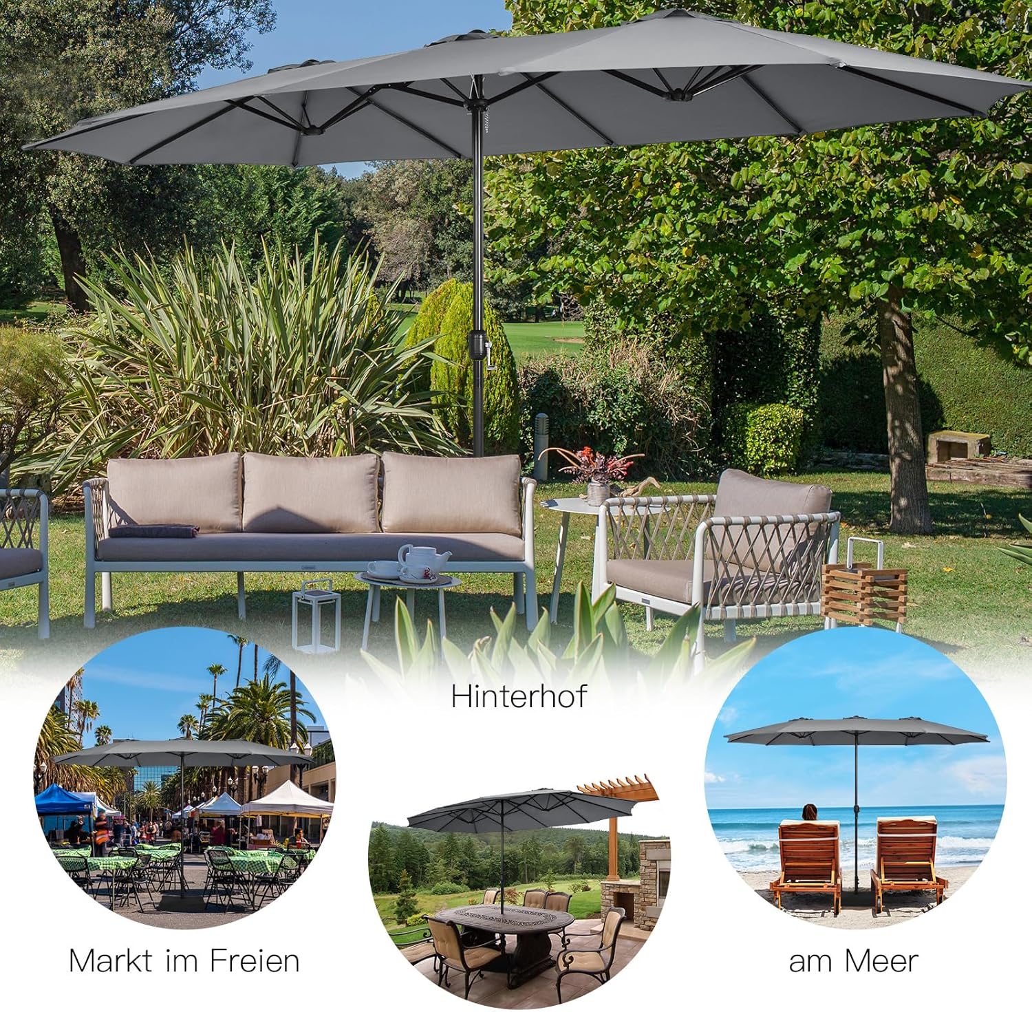 COSTWAY Parasol przeciwsłoneczny, prostokątny, 300 x 300 cm, duży parasol przeciwsłoneczny z korbą, parasol ogrodowy, odchylany o 360°, parasol tarasowy, do ogrodu, na taras, balkon (czarny)
