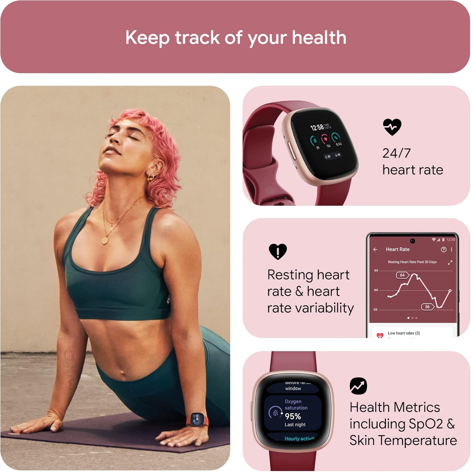 Fitbit Versa 4: Smartwatch aktywnosci fitness z wbudowanym systemem GPS, oraz z żywotnością baterii aż do 6 dni. Kompantybilny z systemem iOS & Android