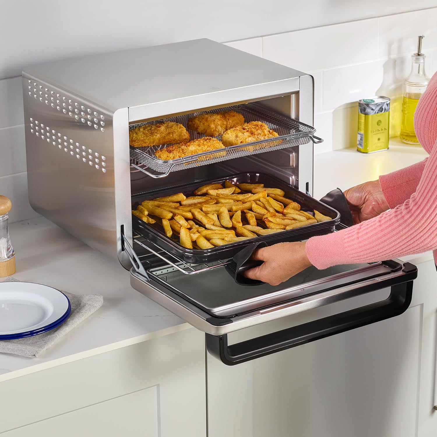 Ninja Foodi 10 w 1, piekarnik wielofunkcyjny, przenośny mini piekarnik na blat, frytkownica beztłuszczowa, pieczenie, grill, ciasta i więcej,10 funkcji gotowania, srebrno/czarny, DT200EU