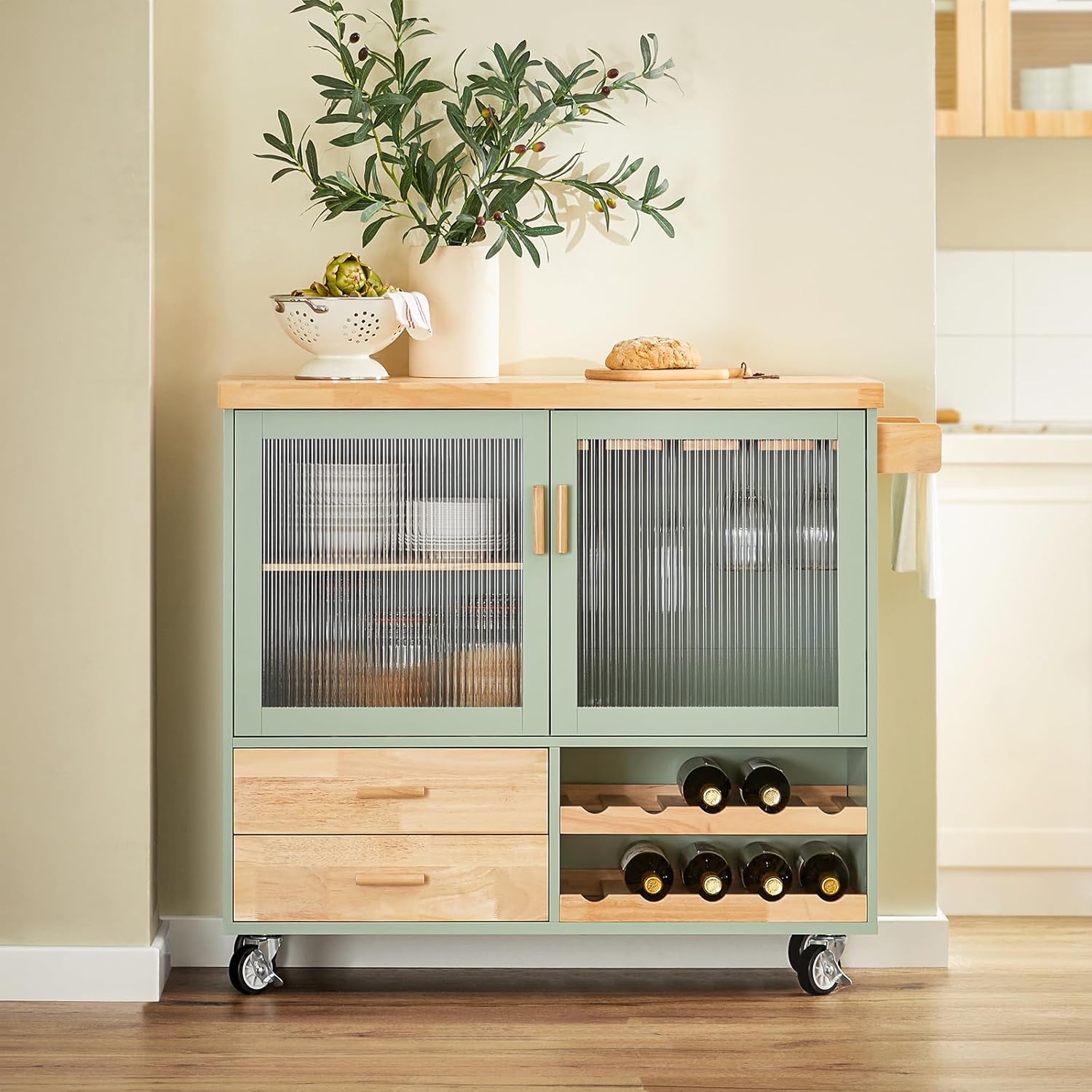 SoBuy FKW114-GR Zielona Szafka Kuchenna Kredens Kuchni Wózek kuchenny na Kółkach Jadalni 109 x 40 x 92cm