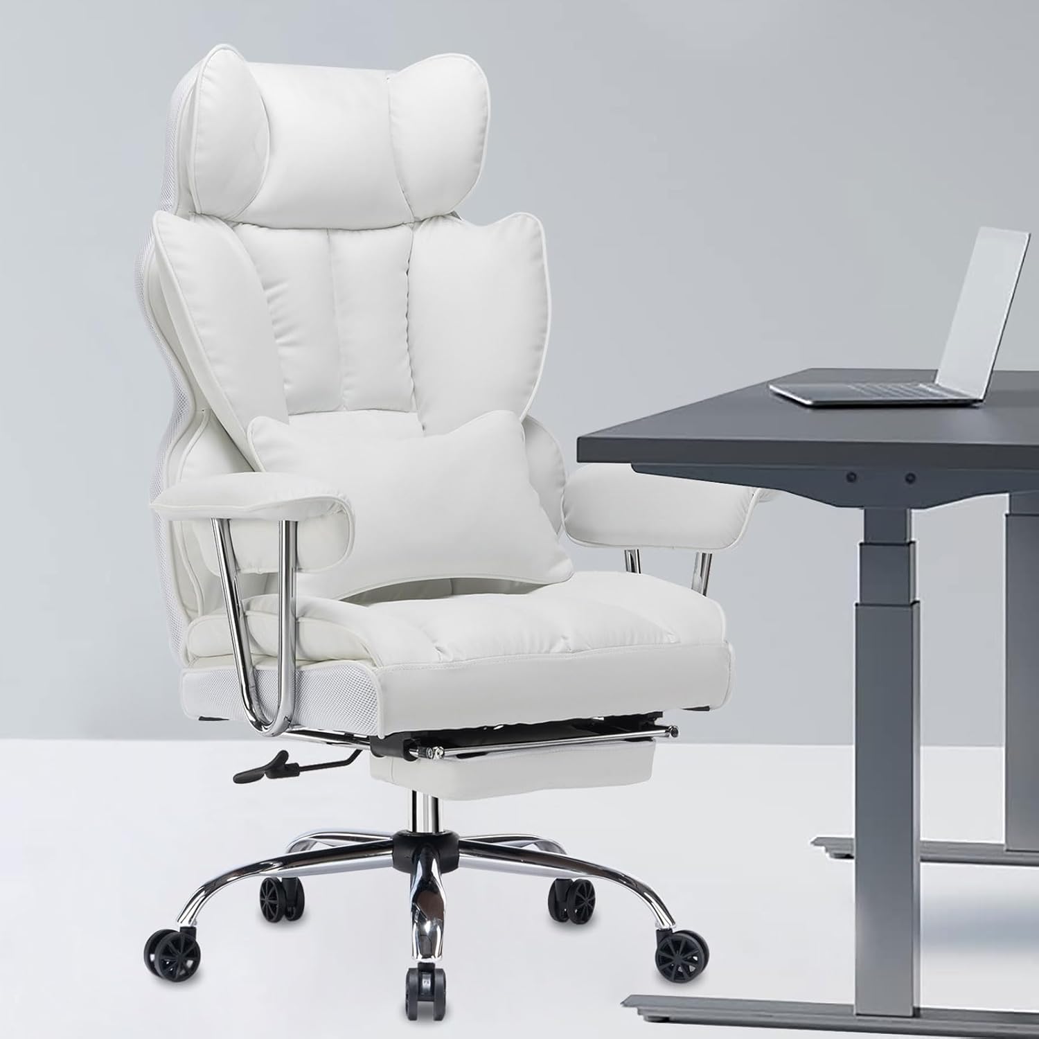 Efomao ergonomiczny fotel biurowy, krzesło kierownicze z PU skóry, fotel biurowy do 200 kg z podnóżkiem i podpórką lędźwiową, regulowane krzesło z wysokim oparciem
