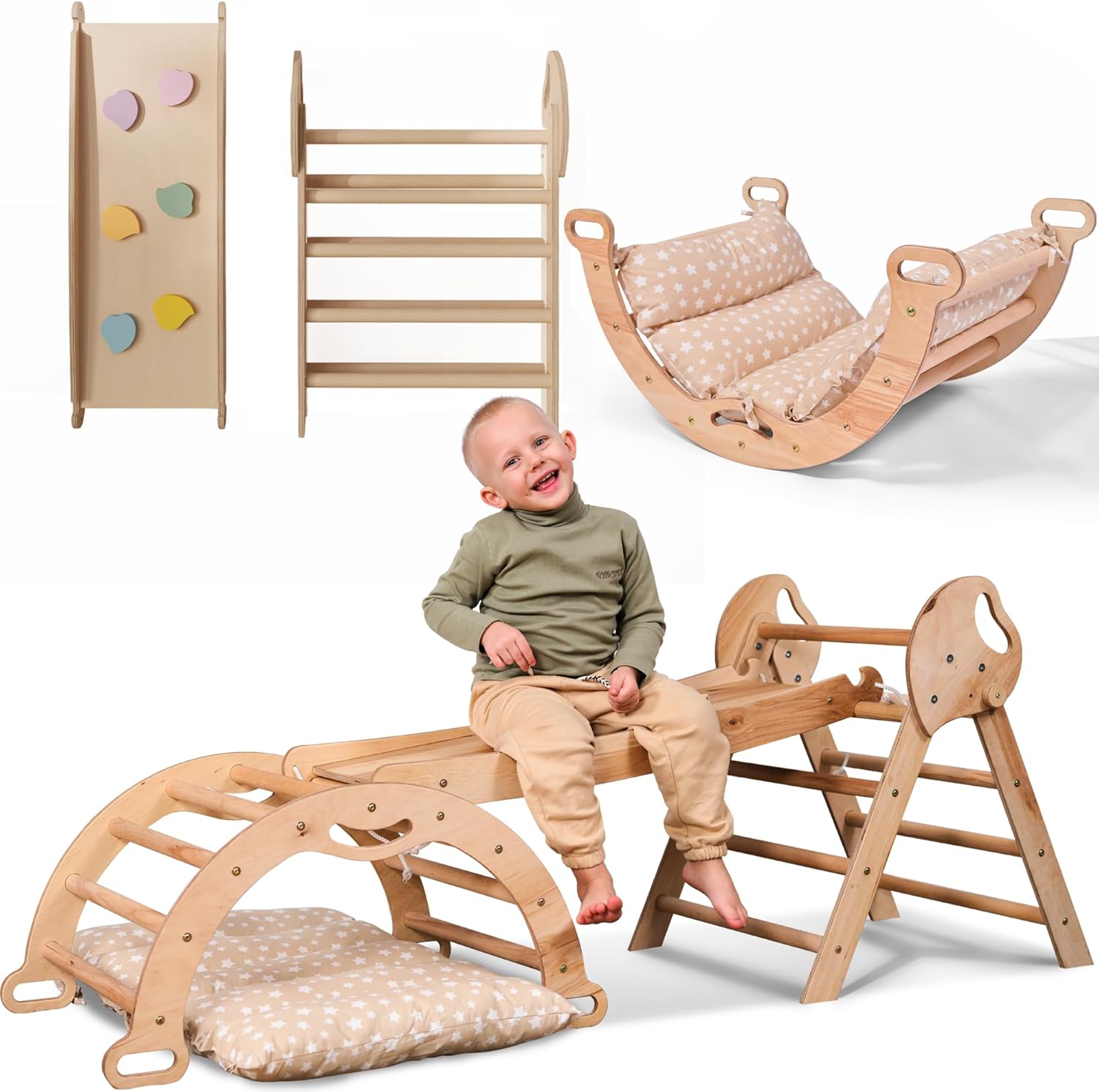 Zestaw wspinaczkowy 5 w 1 Montessori - drewniana siłownia z trójkątną drabinką i łukiem oraz rampą wspinaczkową, siatką i poduszką - rama wspinaczkowa dla maluchów w wieku 1-7 lat w rozmiarze XL