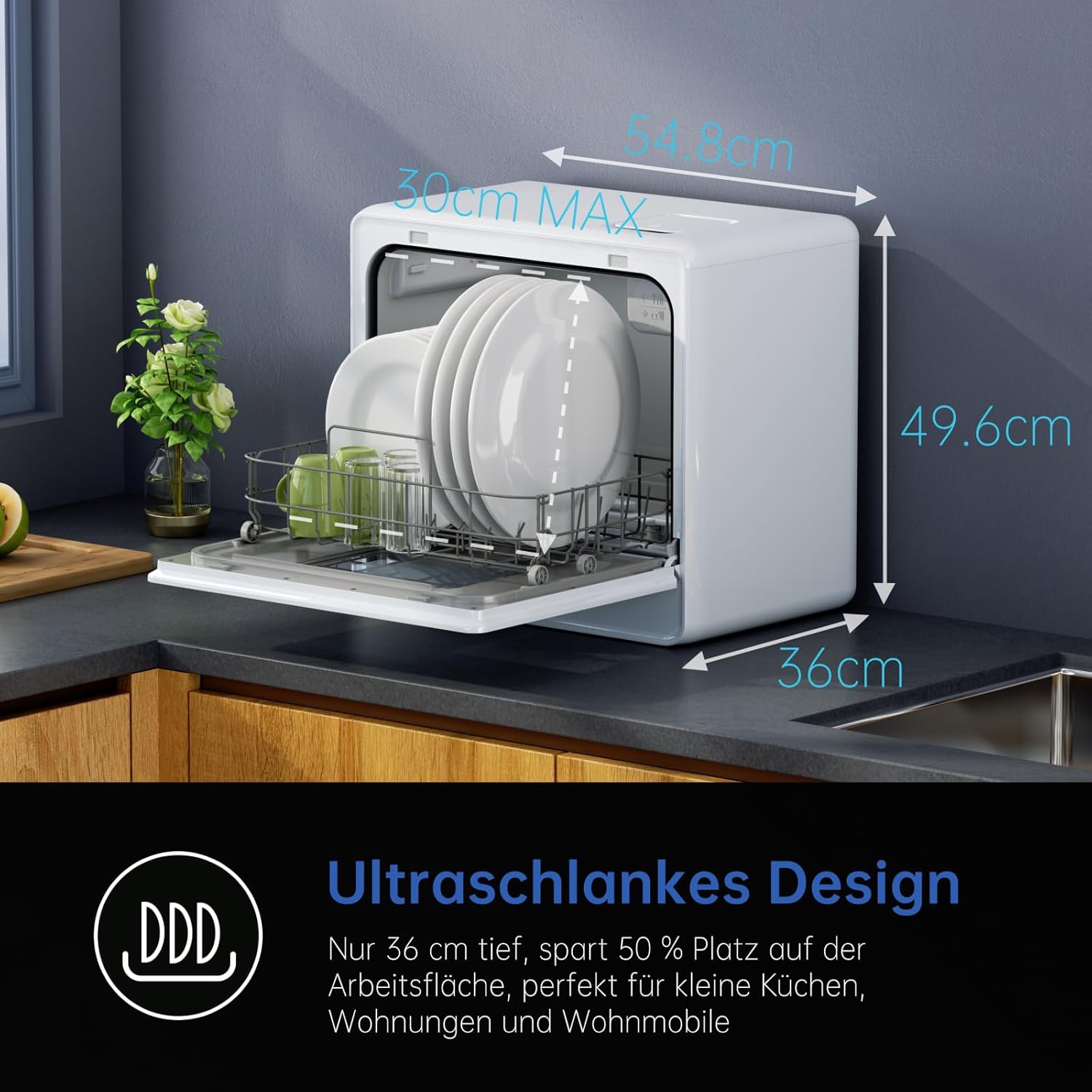 AIRMSEN Mini Zmywarka Stołowa – 7+2 programy, 5L zbiornik, zmiękczacz wody. Działa z/bez podłączenia. Idealna do mieszkań i kamperów. Biała
