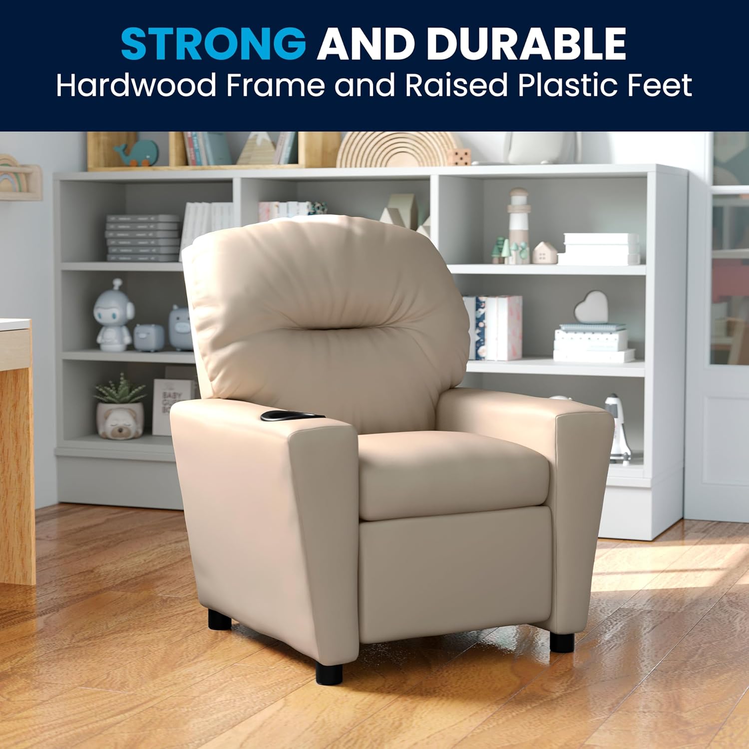 Flash Furniture Współczesny leżak dziecięcy z uchwytem na kubki, drewno, beżowy winyl, 66,04 x 53,34 x 53,34 cm