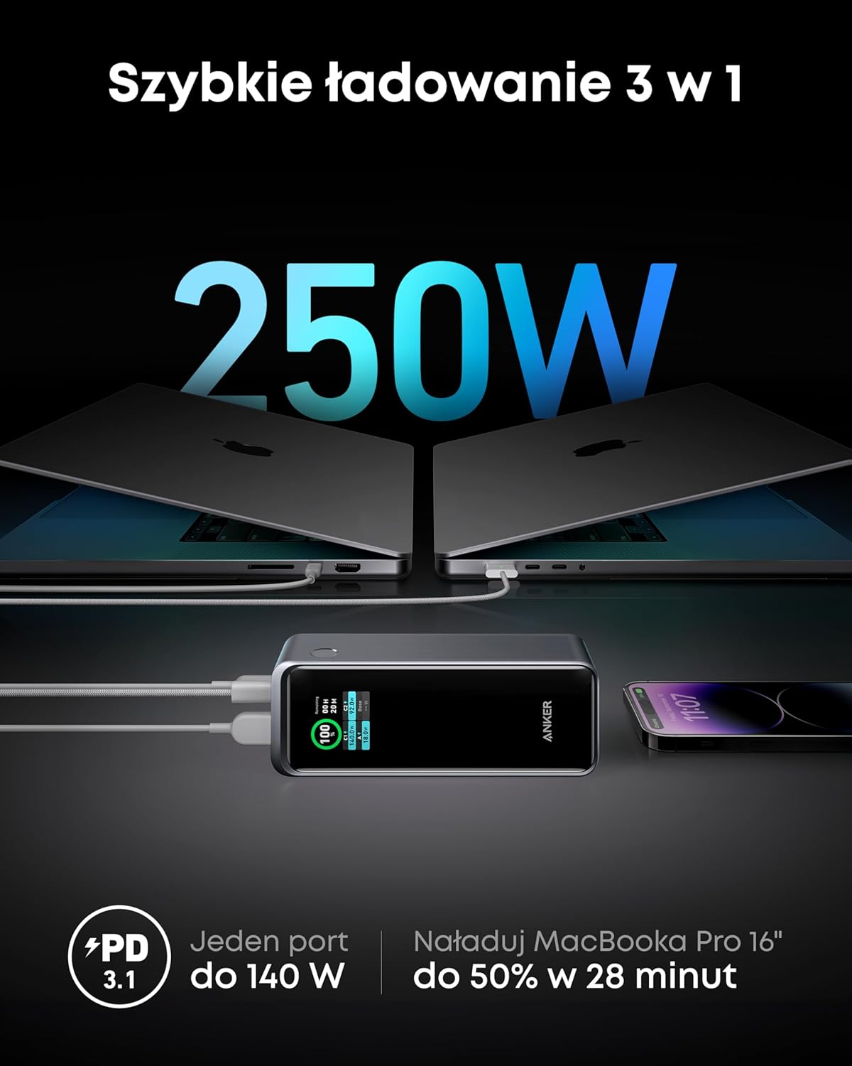 Anker Prime power bank 27650 mAh 250W w zestawie baza ładująca, szybkie ładowanie, kompaktowa przenośna ładowarka do podróży, kontrola aplikacji, kompatybilny z MacBook, iPhone, iPad i innymi