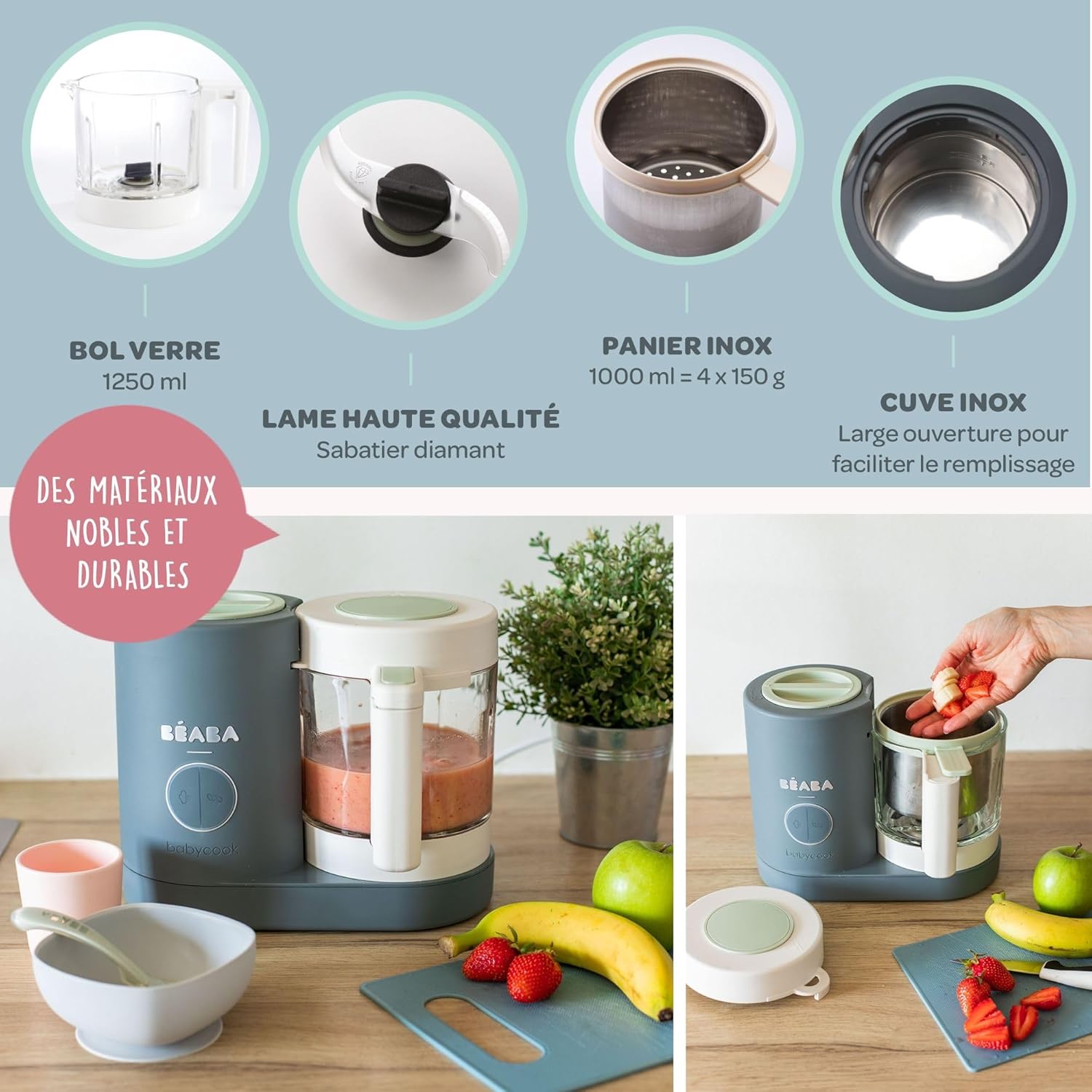 BÉABA, Babycook Neo, mikser parowy 6 w 1, robot dla niemowląt, wyprodukowany we Francji, szklana miska, zbiornik ze stali nierdzewnej, duża pojemność, dywersyfikacja żywności, małe doniczki dla