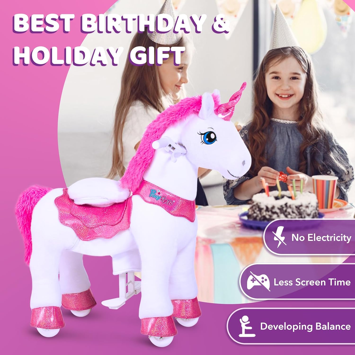 PonyCycle 2023 Nowy Model E Jednorożec do Jazdy na Mechanicznym Chodzącym Jednorożcu z Hamulcem (Fioletowy/Rozmiar 4 dla Dzieci w Wieku 4-8 Lat) Hulajnoga dla Maluchów do Jazdy na Koniu - E413