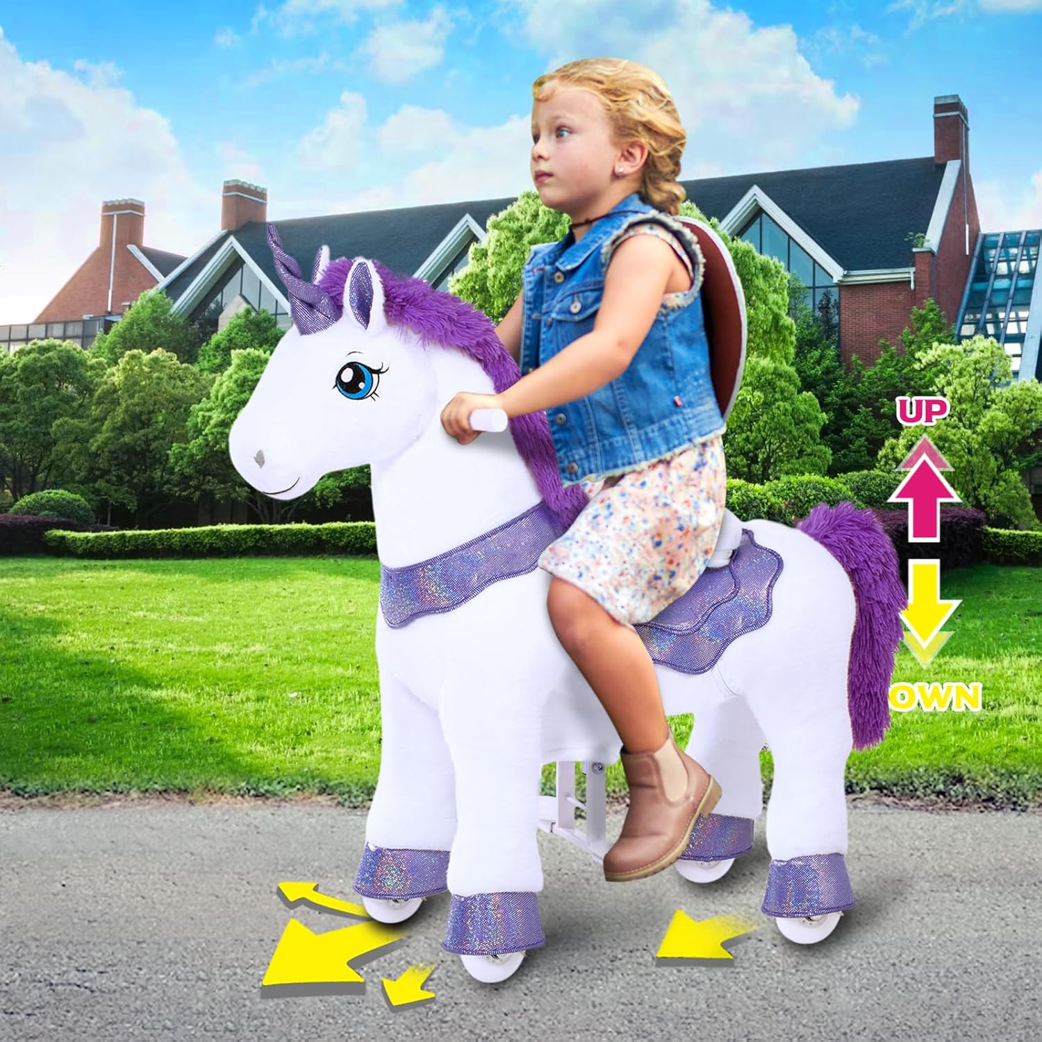 PonyCycle 2023 Nowy Model E Jednorożec do Jazdy na Mechanicznym Chodzącym Jednorożcu z Hamulcem (Fioletowy/Rozmiar 4 dla Dzieci w Wieku 4-8 Lat) Hulajnoga dla Maluchów do Jazdy na Koniu - E413