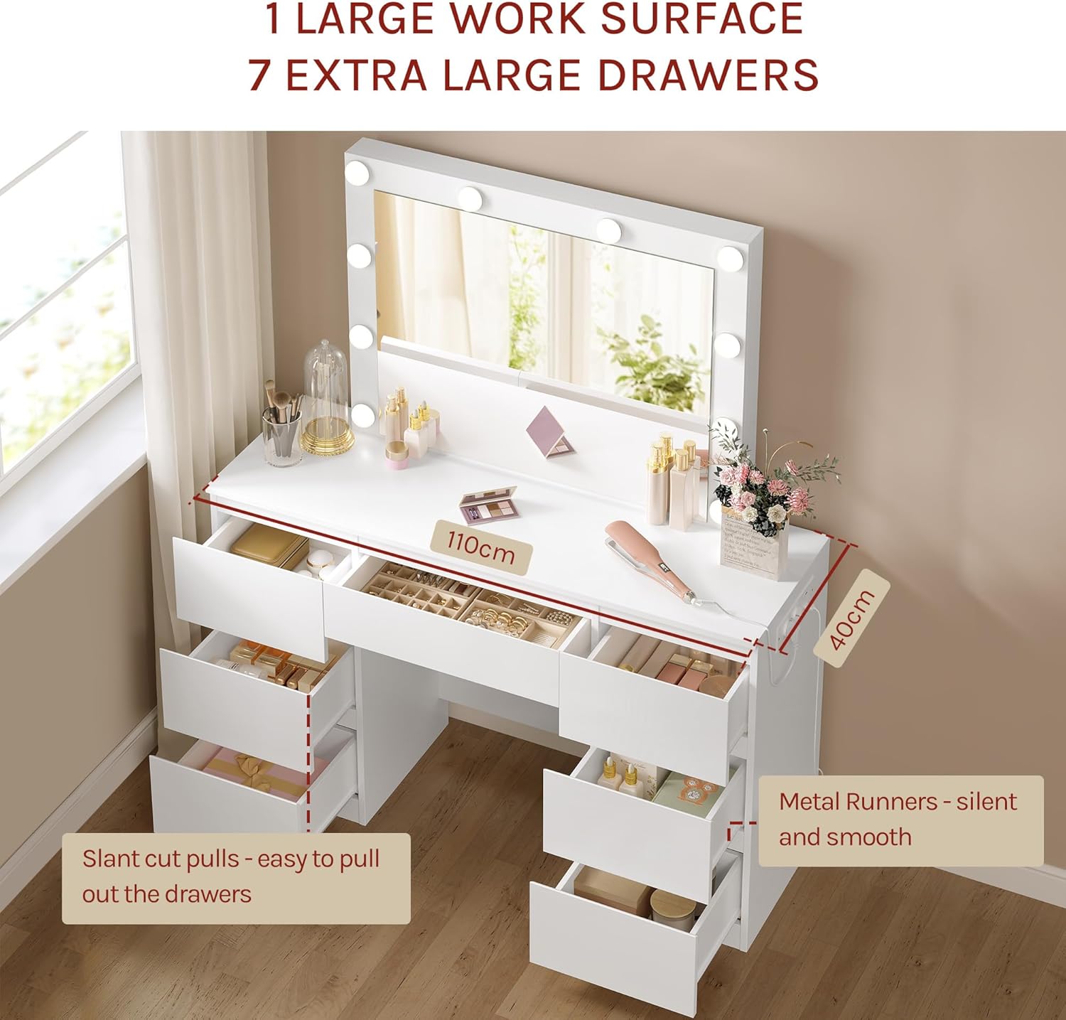 WOLTU MB6124ws Toaletka z oświetleniem i wieloma gniazdkami, toaletka z dużym lustrem LED i 7 szufladami, biurko do makijażu, 110 x 39,5 x 140,5 cm, biała nowoczesna komoda do sypialni