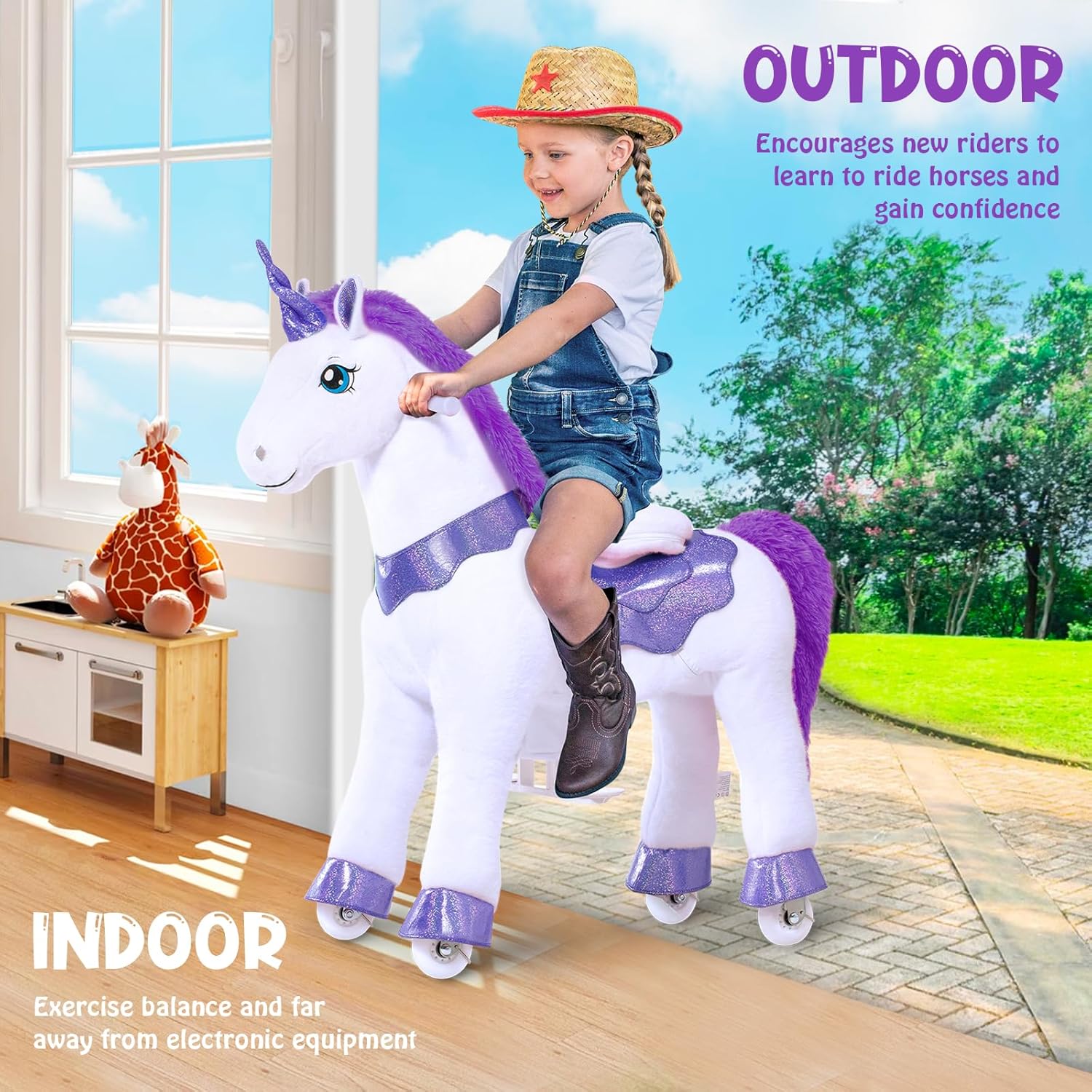 PonyCycle 2023 Nowy Model E Jednorożec do Jazdy na Mechanicznym Chodzącym Jednorożcu z Hamulcem (Fioletowy/Rozmiar 4 dla Dzieci w Wieku 4-8 Lat) Hulajnoga dla Maluchów do Jazdy na Koniu - E413