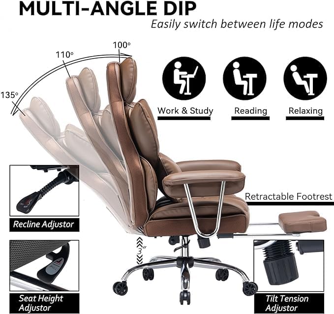 Efomao ergonomiczny fotel biurowy, krzesło kierownicze z PU skóry, fotel biurowy do 200 kg z podnóżkiem i podpórką lędźwiową, regulowane krzesło z wysokim oparciem