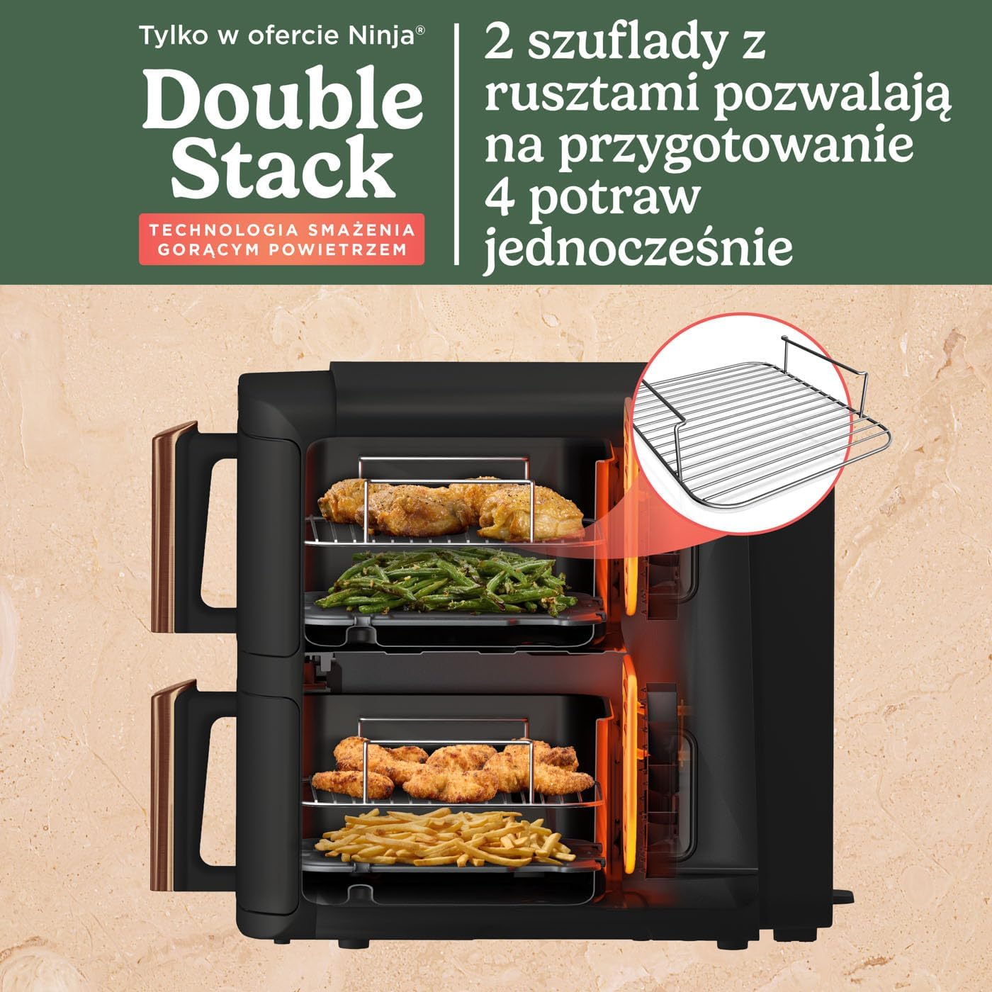 Ninja Foodi MAX Dual Zone Frytkownica beztłuszczowa z 2 szufladami, 9,5 l, kosz nieprzywierający nadaje sie do zmywarki, na 8 porcji, miedziano/czarna, 6 w 1, amazon exclusive, AF400EUCP