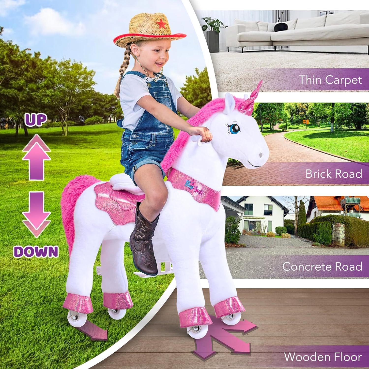 PonyCycle 2023 Nowy Model E Jednorożec do Jazdy na Mechanicznym Chodzącym Jednorożcu z Hamulcem (Fioletowy/Rozmiar 4 dla Dzieci w Wieku 4-8 Lat) Hulajnoga dla Maluchów do Jazdy na Koniu - E413