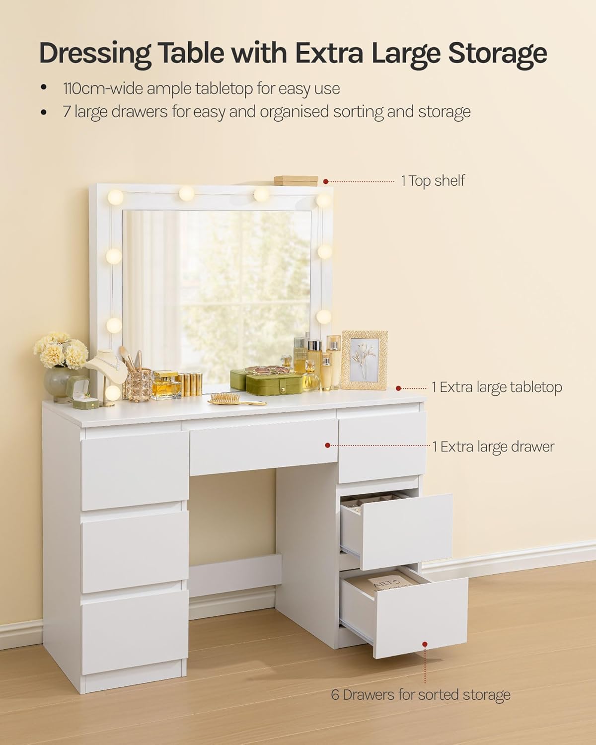 WOLTU MB6124ws Toaletka z oświetleniem i wieloma gniazdkami, toaletka z dużym lustrem LED i 7 szufladami, biurko do makijażu, 110 x 39,5 x 140,5 cm, biała nowoczesna komoda do sypialni