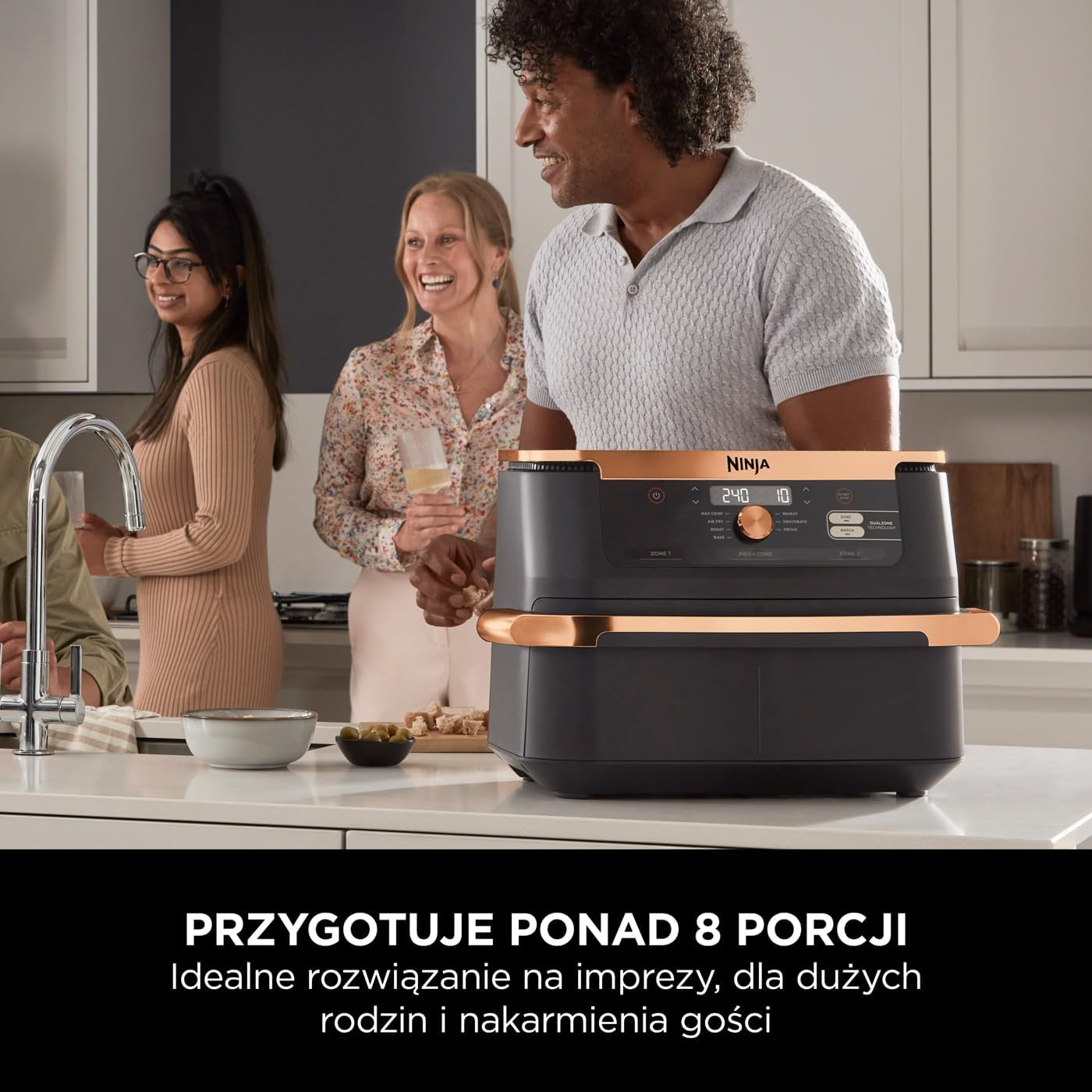 Ninja Foodi MAX Dual Zone Frytkownica beztłuszczowa z 2 szufladami, 9,5 l, kosz nieprzywierający nadaje sie do zmywarki, na 8 porcji, miedziano/czarna, 6 w 1, amazon exclusive, AF400EUCP