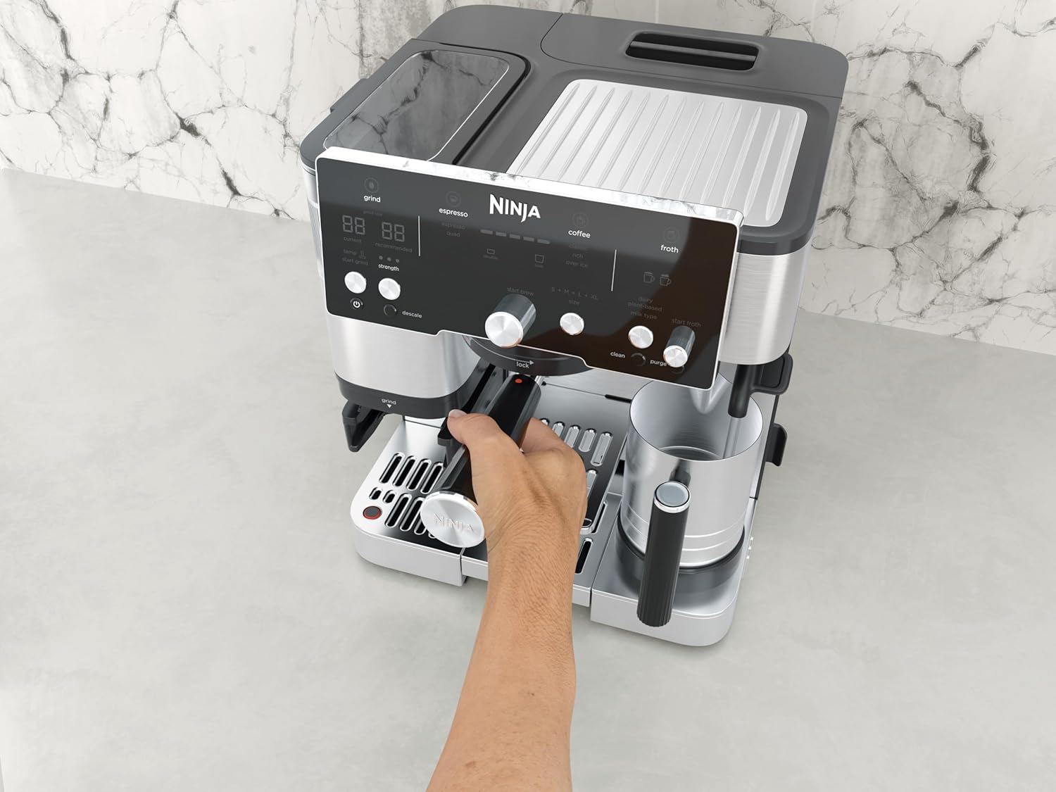 Ninja Luxe Premier Ekspres do kawy 3 w 1, latte, cappuccino, cold brew, espresso, wbudowany młynek i spieniacz do mleka, łatwy w obsłudze, 4 automatyczne ustawienia spieniania, srebrny, ES601EU