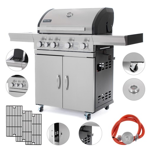 Grill gazowy Ogrodowy ŻELIWNY nierdzewny 3+2 Yoer 17,65 kW +szafka na butlę