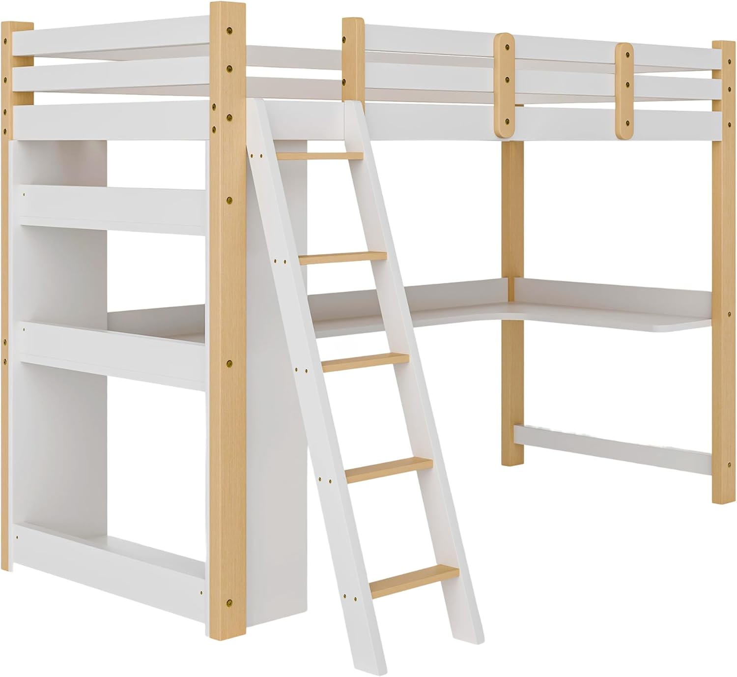 BXEYXE Łóżko piętrowe dla dzieci 90 x 200 cm z listwami ochronnymi i stelażem, łóżko dziecięce z ukośnymi ślizgaczami, wbudowane biurko i regały, łóżko piętrowe z litego drewna, białe, wielofunkcyjne