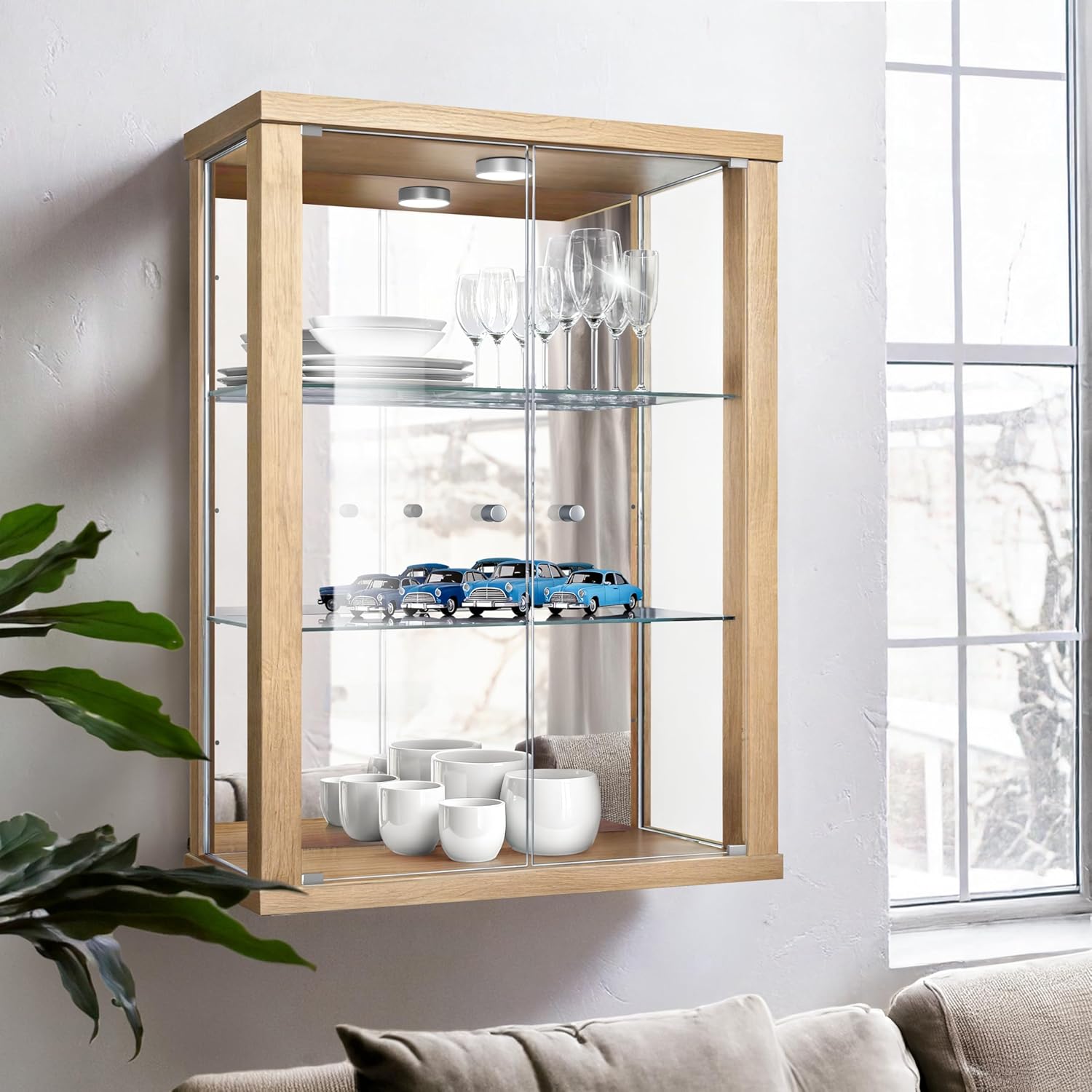 K-Möbel witryna ścienna (80x60x25cm) – Wyprodukowana w Niemczech – Wisząca witryna szklana z 2 regulowanymi półkami z ESG, lustrem i oświetleniem LED w kolorze czarnym Szafka z przeszklonymi drzwiami
