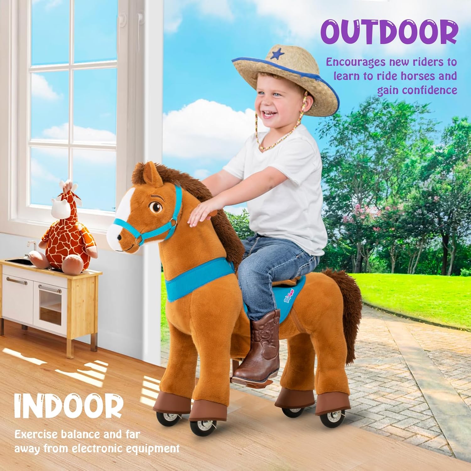 PonyCycle 2023 Nowy Model E Jednorożec do Jazdy na Mechanicznym Chodzącym Jednorożcu z Hamulcem (Fioletowy/Rozmiar 4 dla Dzieci w Wieku 4-8 Lat) Hulajnoga dla Maluchów do Jazdy na Koniu - E413