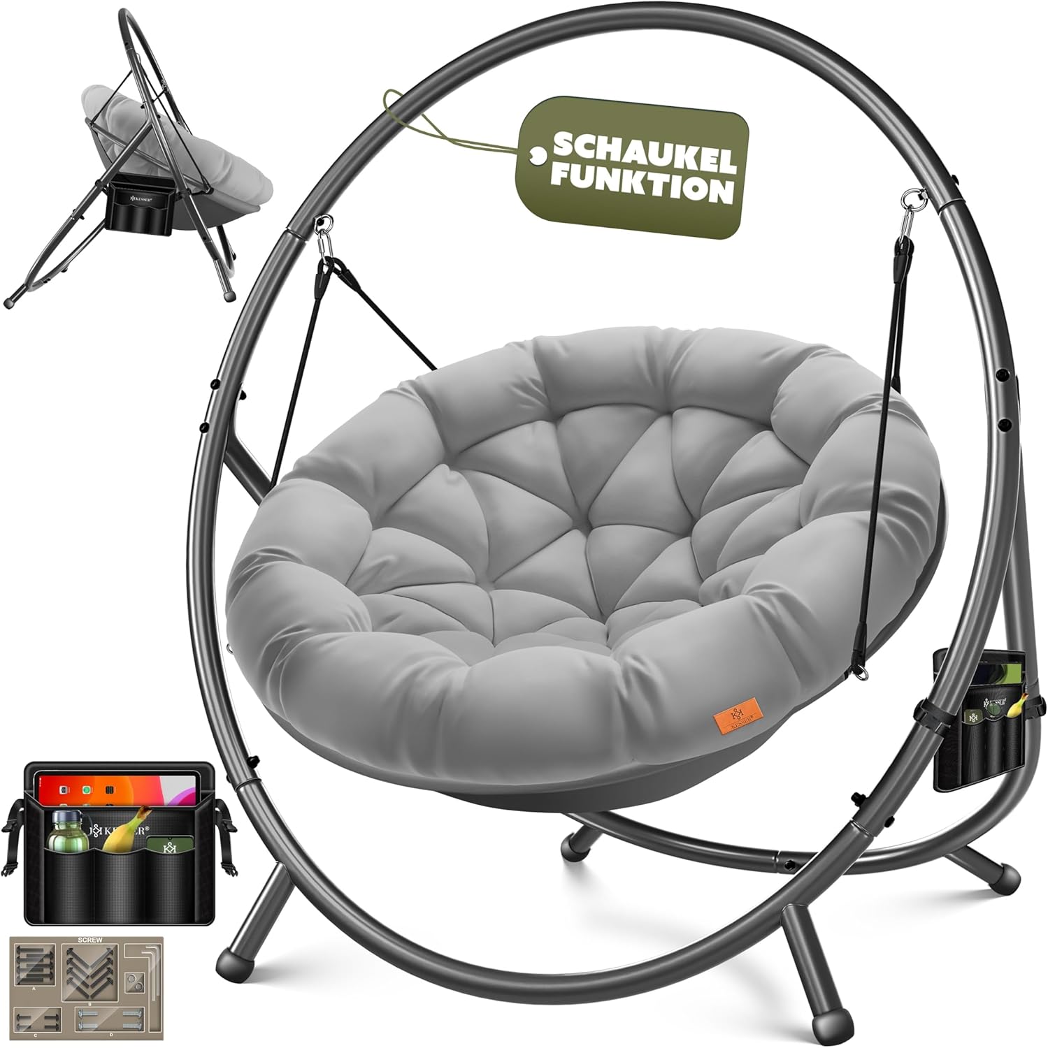 KESSER® Fotel wiszący ze stalowym stelażem, huśtawka, do 150 kg, do użytku wewnątrz i na zewnątrz, z poduszką i kieszenią boczną, kosz wiszący, piankowa poduszka, idealny do salonu i ogrodu
