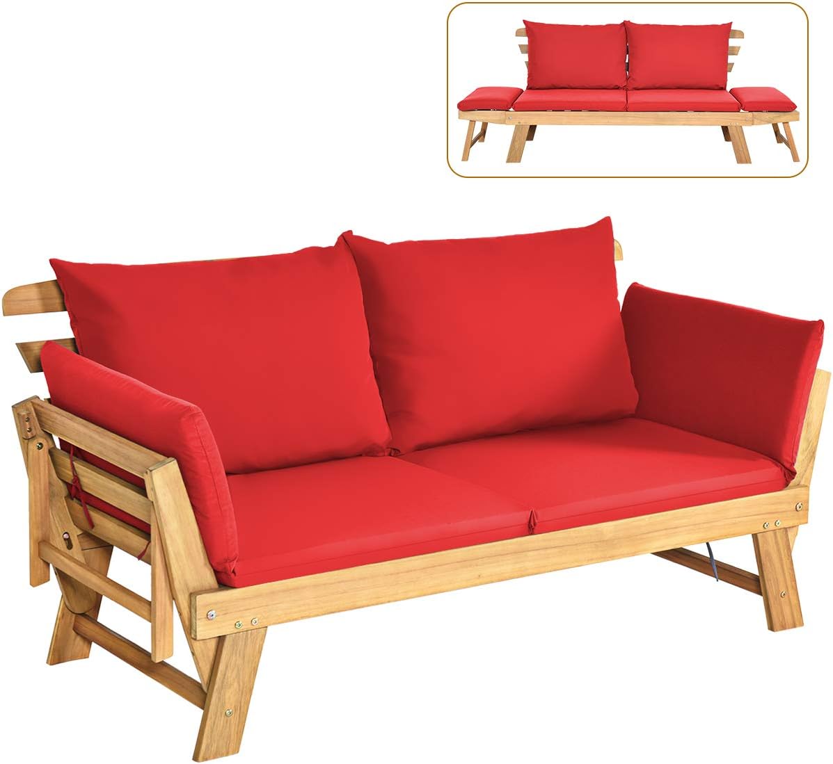 COSTWAY Ławka ogrodowa z funkcją leżenia, sofa ogrodowa z poduszkami i składanym podłokietnikiem, ławka balkonowa z drewna akacjowego, sofa balkonowa, sofa ogrodowa do ogrodu, na taras, balkon, 198 x