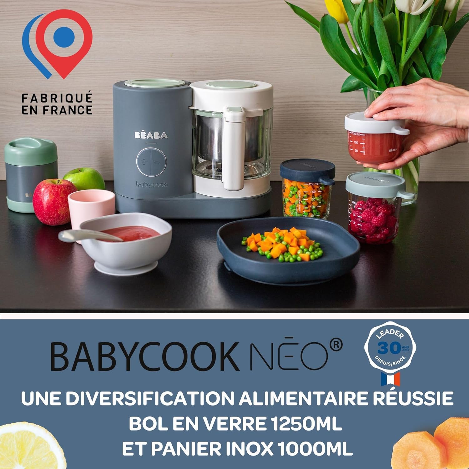 BÉABA, Babycook Neo, mikser parowy 6 w 1, robot dla niemowląt, wyprodukowany we Francji, szklana miska, zbiornik ze stali nierdzewnej, duża pojemność, dywersyfikacja żywności, małe doniczki dla