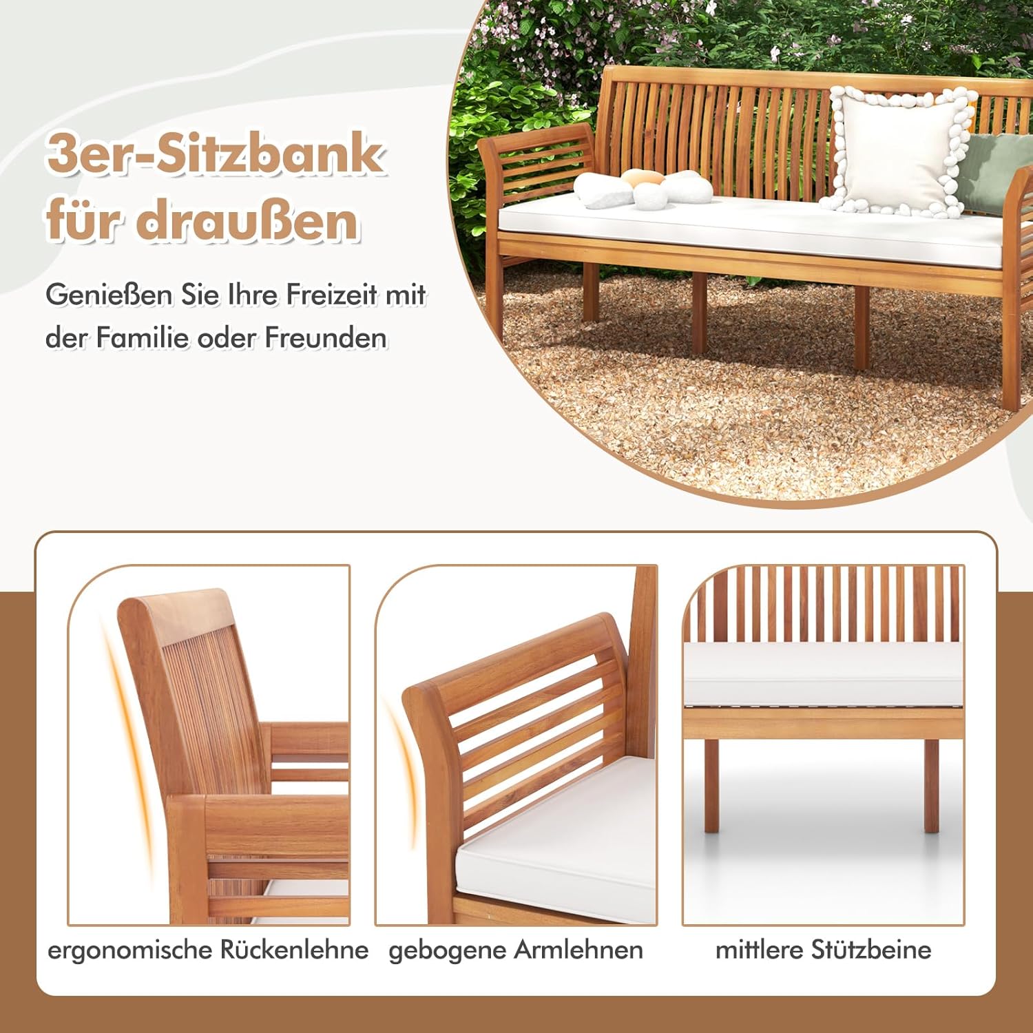 COSTWAY Ławka Ogrodowa z Drewna Akacjowego, Poduszką do Siedzenia, 3-Osobowa Sofa Ogrodowa, Balkonowa, Obciążenie 540 kg, Parkowa na Taras, Balkon, Ogrodu, 159