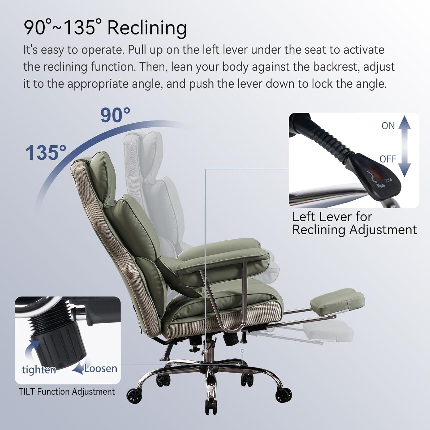Efomao ergonomiczny fotel biurowy, krzesło kierownicze z PU skóry, fotel biurowy do 200 kg z podnóżkiem i podpórką lędźwiową, regulowane krzesło z wysokim oparciem