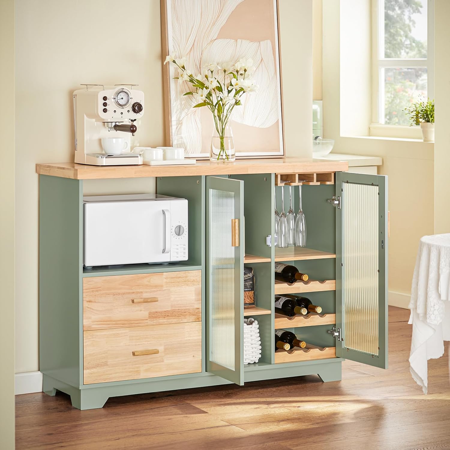SoBuy FKW114-GR Zielona Szafka Kuchenna Kredens Kuchni Wózek kuchenny na Kółkach Jadalni 109 x 40 x 92cm