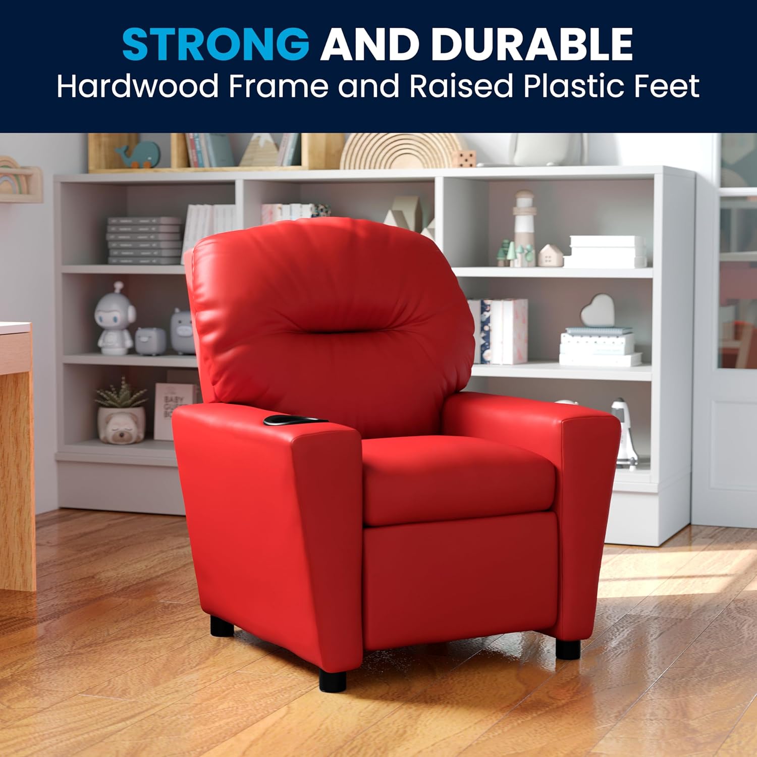 Flash Furniture Współczesny leżak dziecięcy z uchwytem na kubki, drewno, beżowy winyl, 66,04 x 53,34 x 53,34 cm
