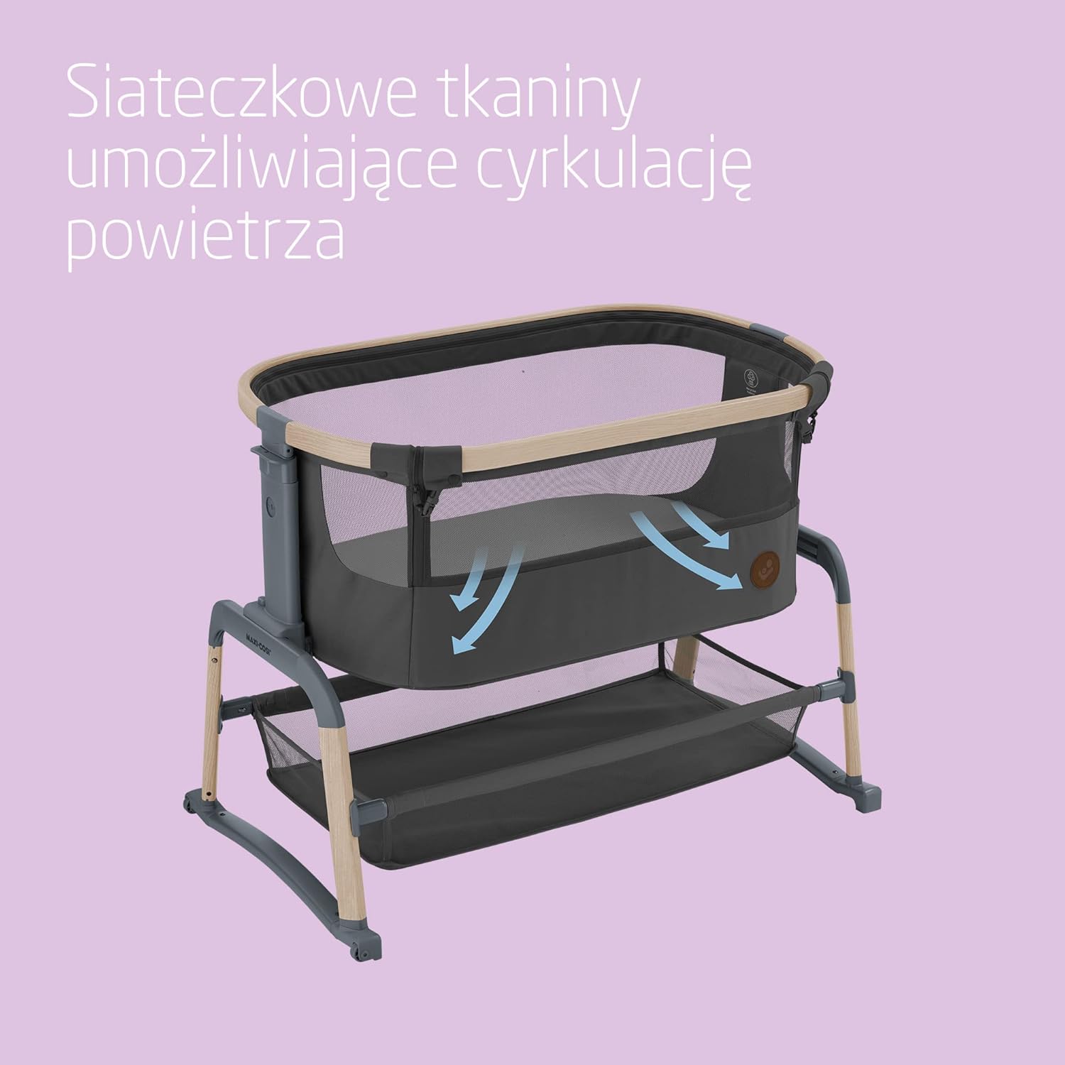 Maxi-Cosi Iora Air Łóżeczko Przystawka, Siatka do okoła, 0–6 mies., maks. 9 kg, Tryb bujania, 4 Poz. Odchylenia i 5 Wysokości, Łatwe Przesuwanie, Wygodny Materac, Łatwe Przenoszenie, Beyond Grey