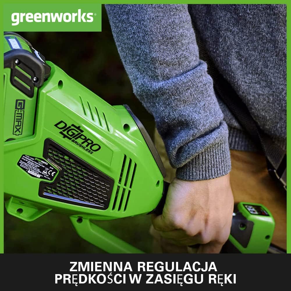 Greenworks GD40BCK2X Akumulatorowa Kosa z Silnikiem Bezszczotkowym, Szelki, Regulowana Wysokość, 40 cm Szerokość Cięcia, 2 mm Żyłka Nylonowa lub 25 cm Ostrze, 2 x Bateria 40V i Ładowarka