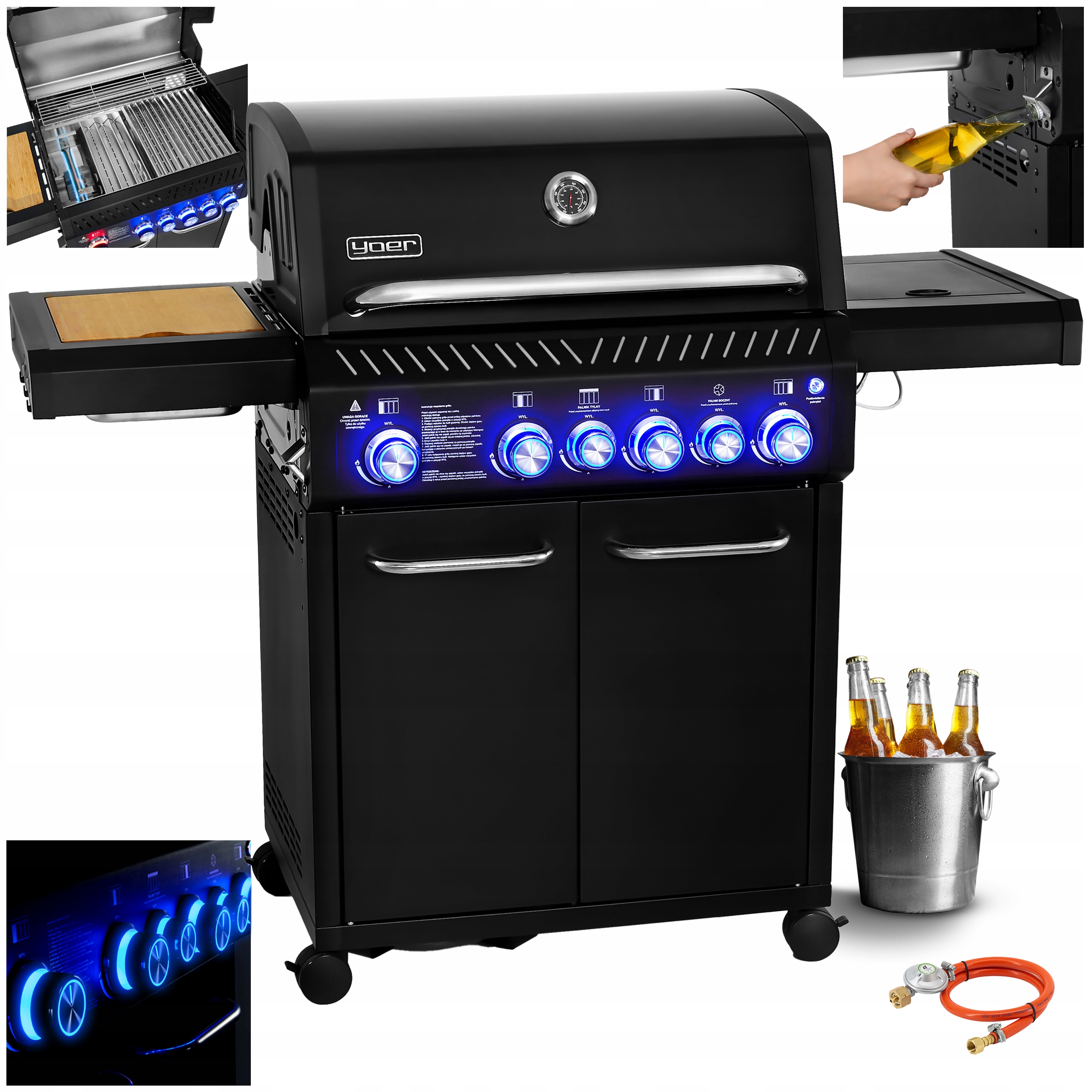 Grill gazowy Ogrodowy ŻELIWNY nierdzewny 3+2 Yoer 17,65 kW +szafka na butlę