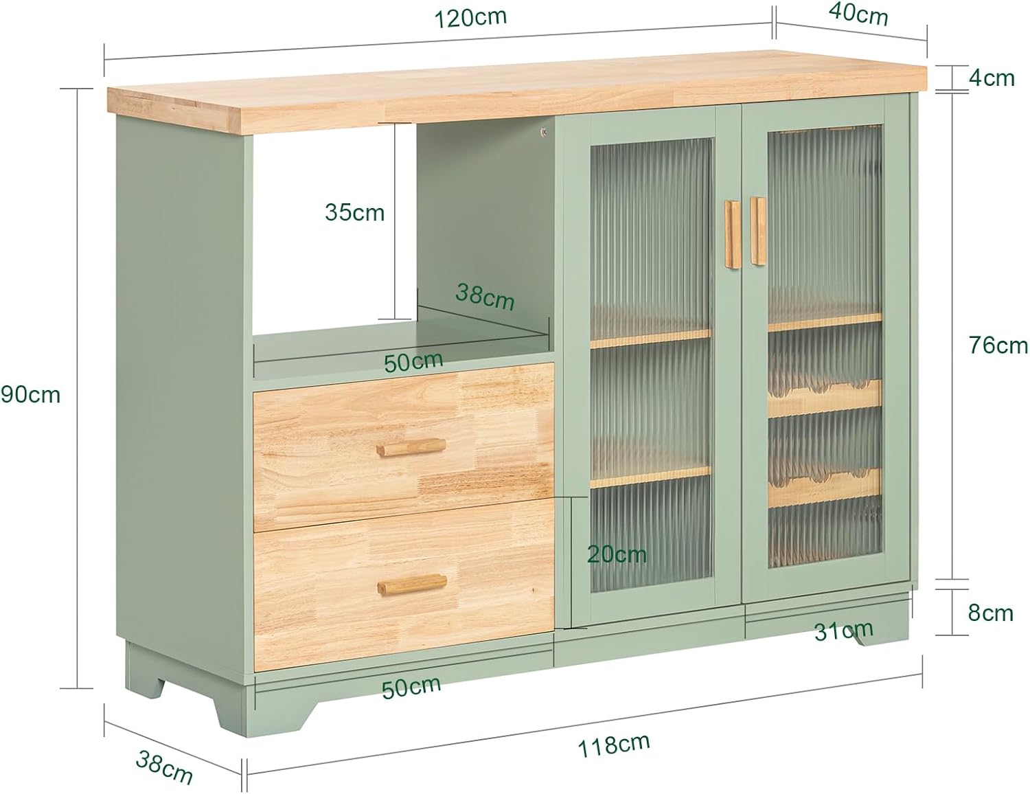 SoBuy FKW114-GR Zielona Szafka Kuchenna Kredens Kuchni Wózek kuchenny na Kółkach Jadalni 109 x 40 x 92cm