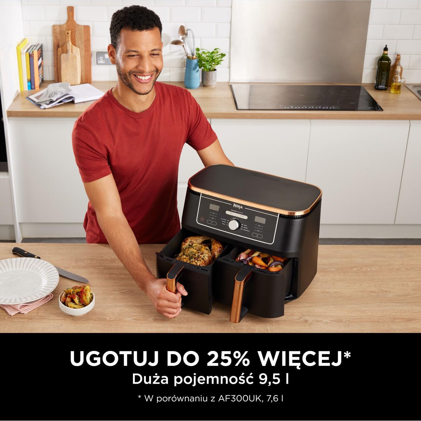 Ninja Foodi MAX Dual Zone Frytkownica beztłuszczowa z 2 szufladami, 9,5 l, kosz nieprzywierający nadaje sie do zmywarki, na 8 porcji, miedziano/czarna, 6 w 1, amazon exclusive, AF400EUCP
