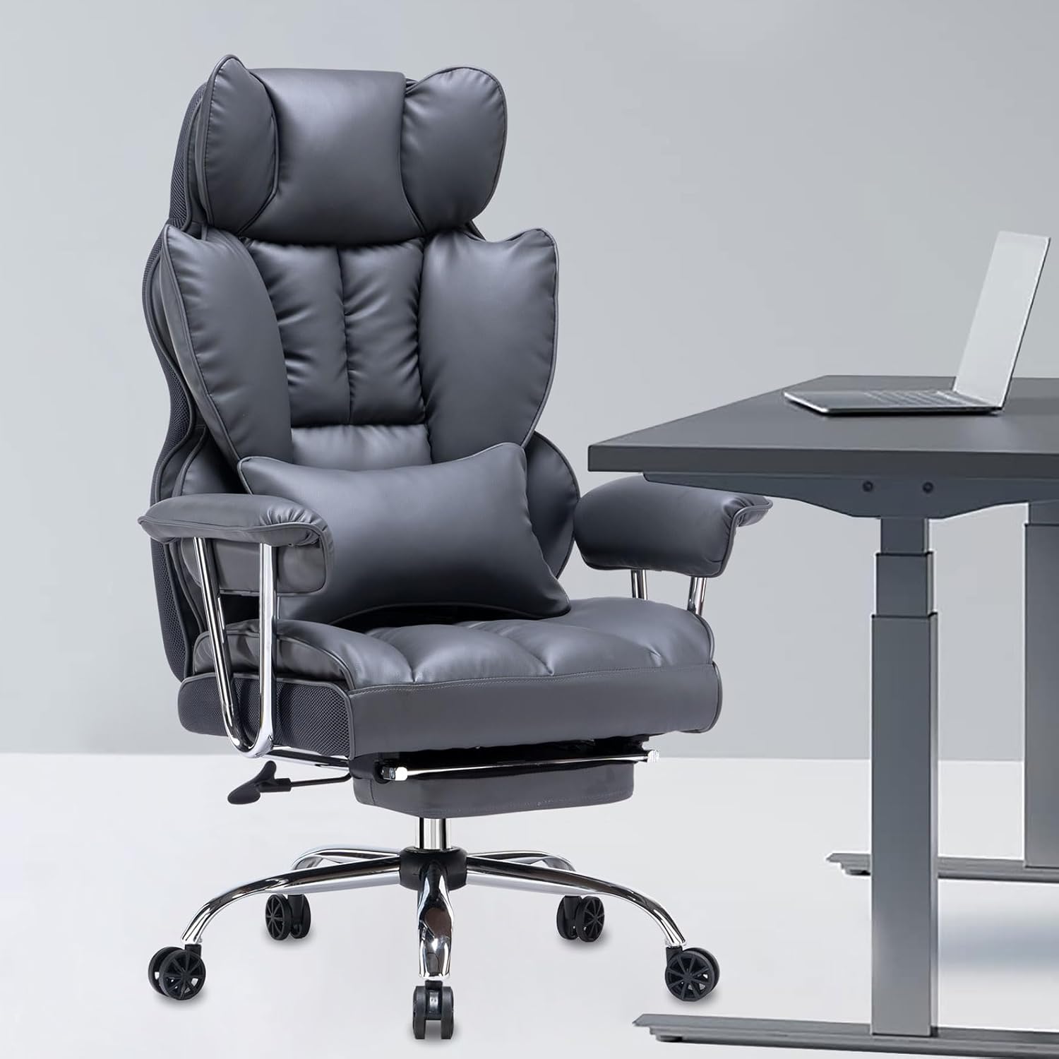 Efomao ergonomiczny fotel biurowy, krzesło kierownicze z PU skóry, fotel biurowy do 200 kg z podnóżkiem i podpórką lędźwiową, regulowane krzesło z wysokim oparciem