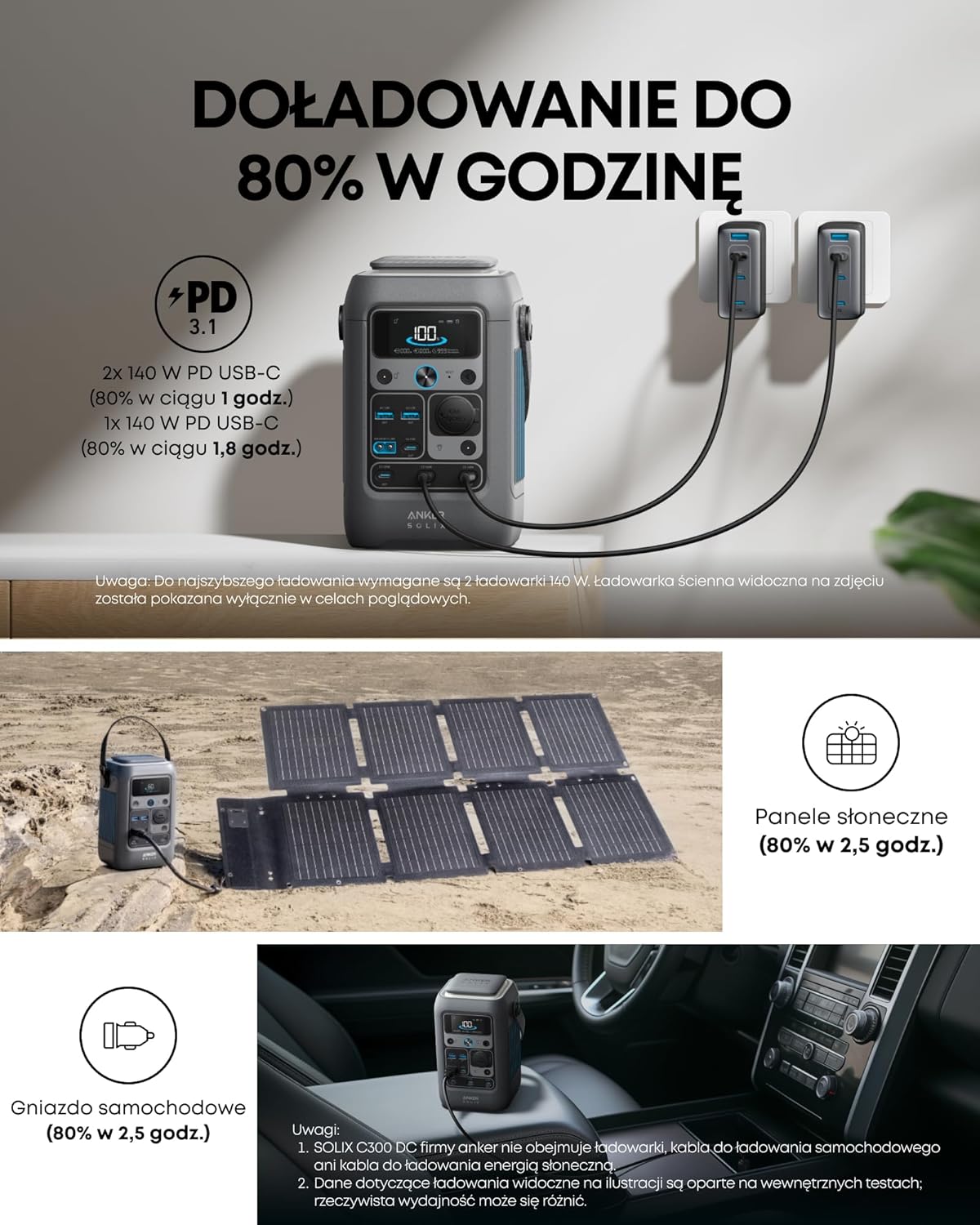 Stacja zasilania DC Anker SOLIX C300, 288 Wh, przenośna stacja zasilania, akumulator LiFePO4, generator słoneczny 300 W, na biwak, podróż i sytuacje awaryjne (bezładowarki ściennej)